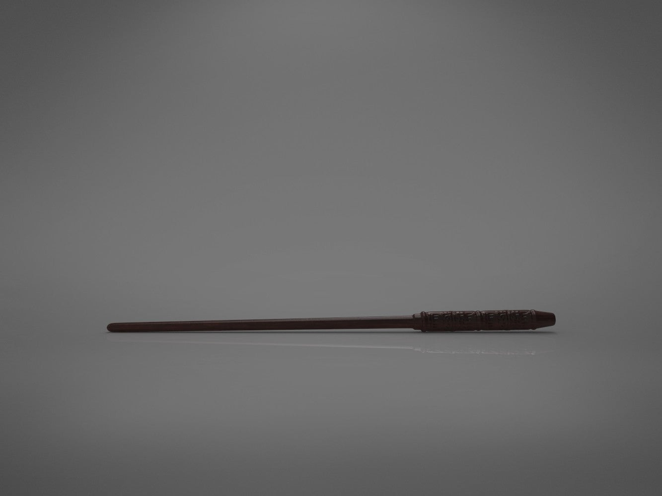 Horizontal painted 3D render of Severus Snapes wand replica lying on reflective grey surface, handle on the right.