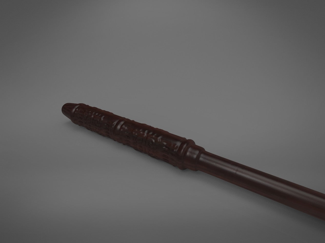 Diagonal close-up painted 3D render focusing on the carved grip and textured details of Severus Snapes wand handle.