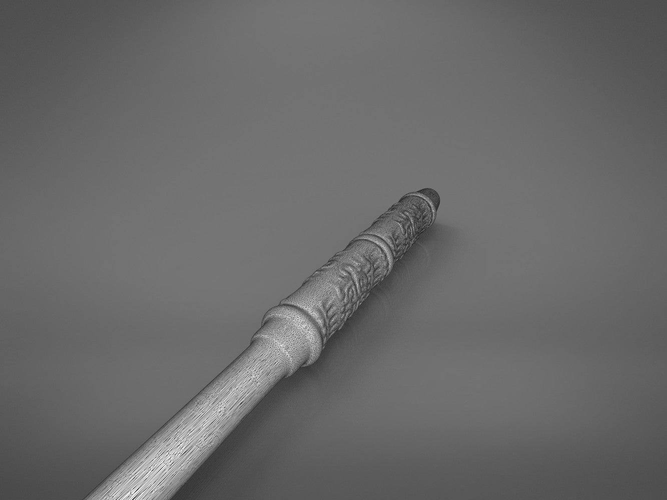 Perspective grey wireframe render looking from the smooth shaft up to the carved details of the wand handle.