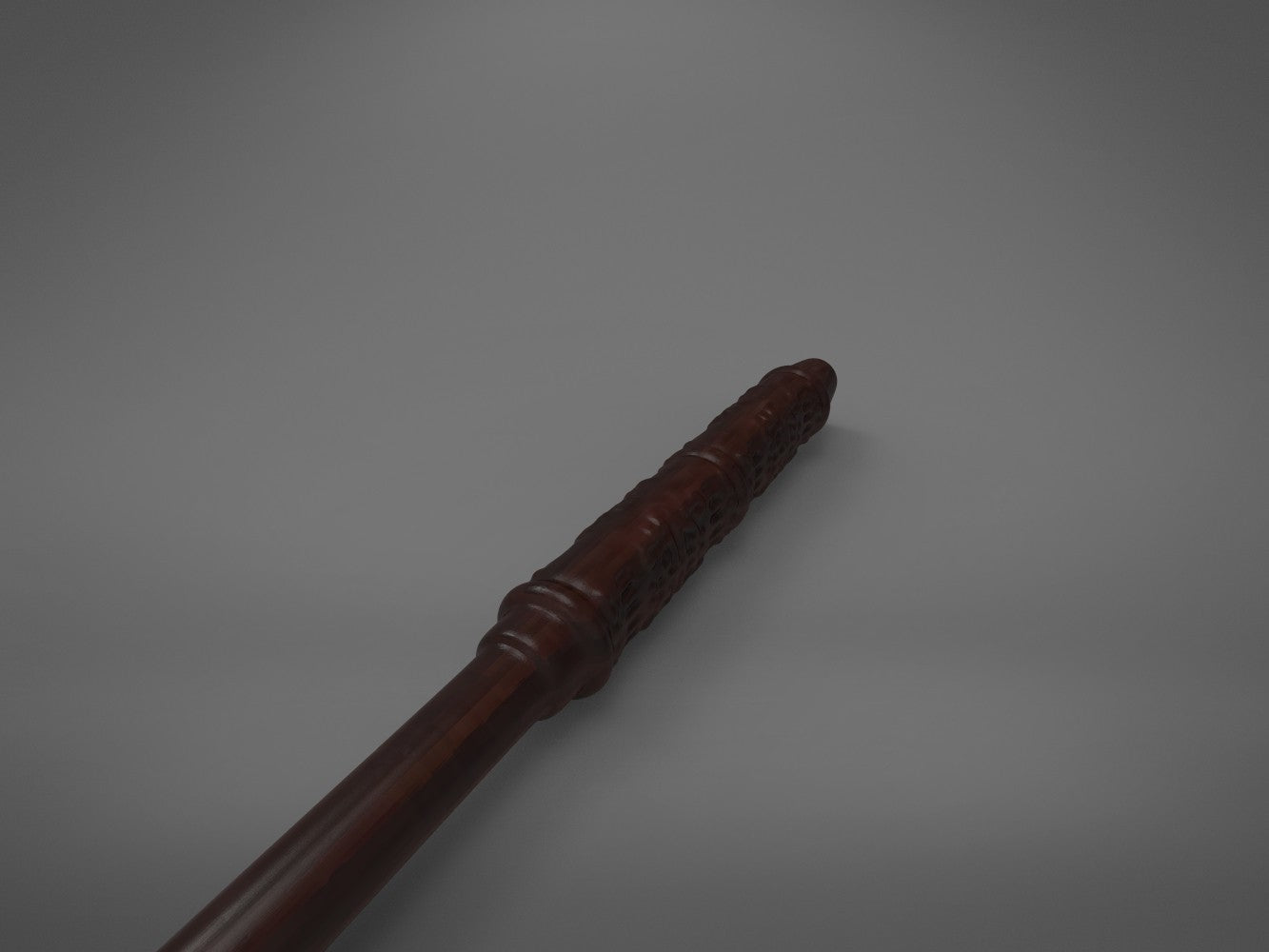 Perspective painted 3D render looking from the smooth shaft up towards the textured handle of Severus Snapes wand.