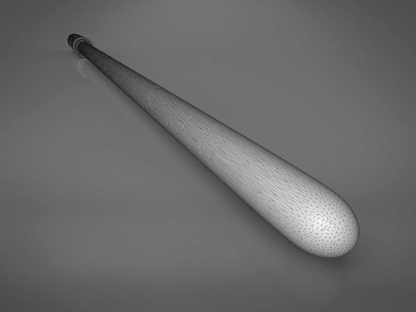 Grey wireframe 3D render focusing on the smooth rounded tip of Severus Snapes wand shaft pointing bottom-right.