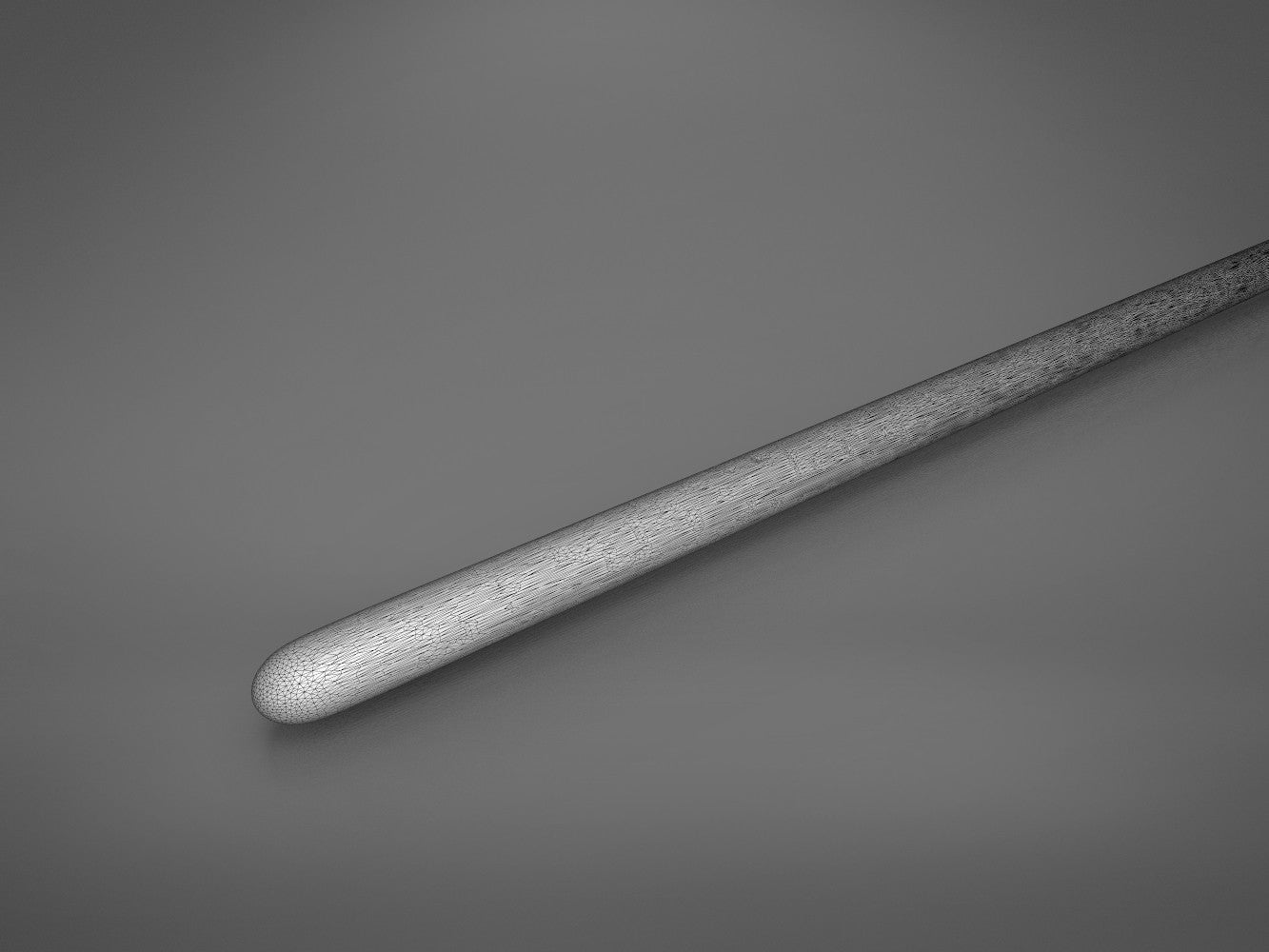 Grey wireframe 3D render focusing on the smooth rounded tip of Severus Snapes wand shaft pointing bottom-left.