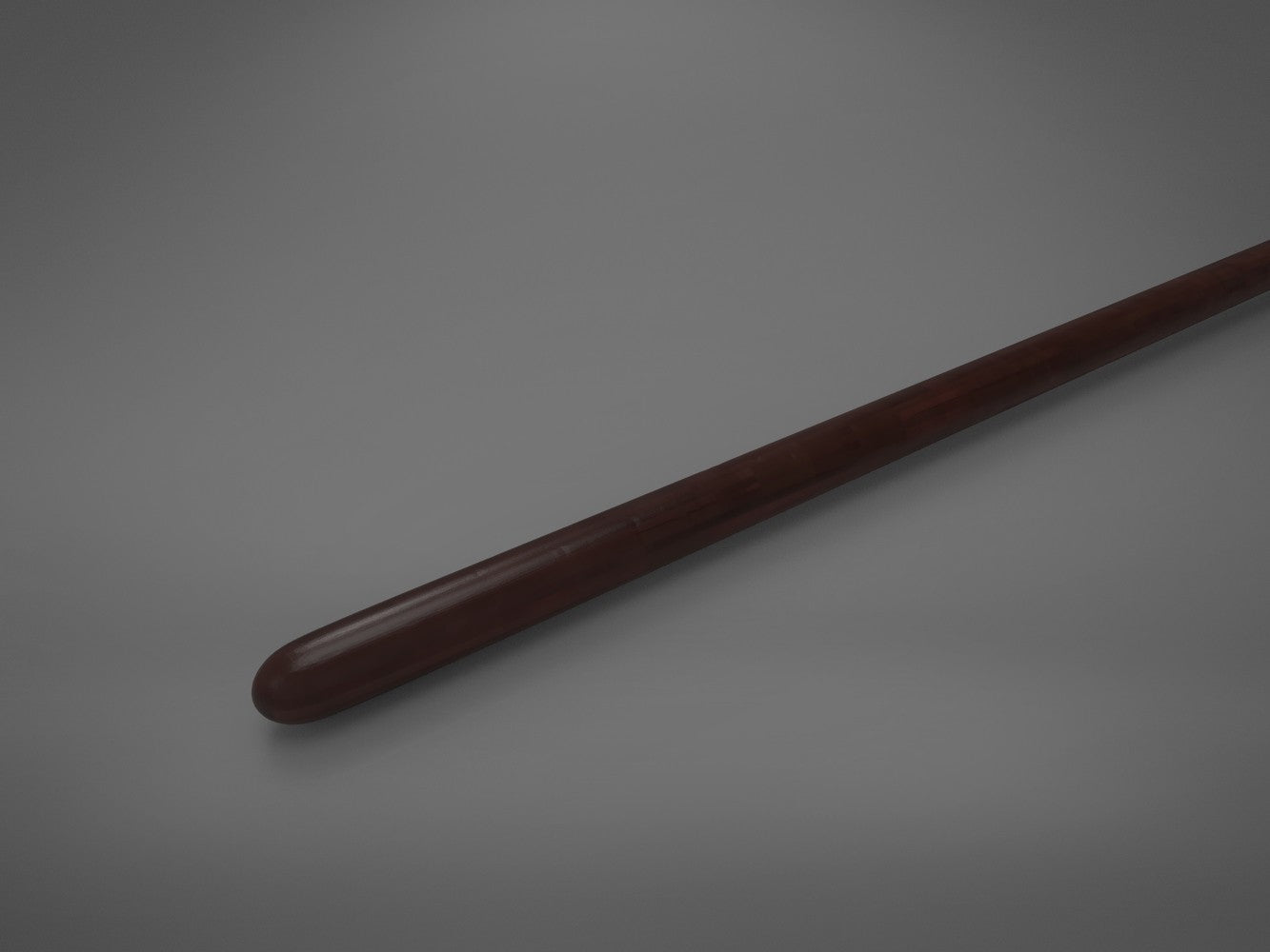 Close-up painted 3D render of the smooth tapered tip of Severus Snapes dark brown wand prop pointing bottom-left.