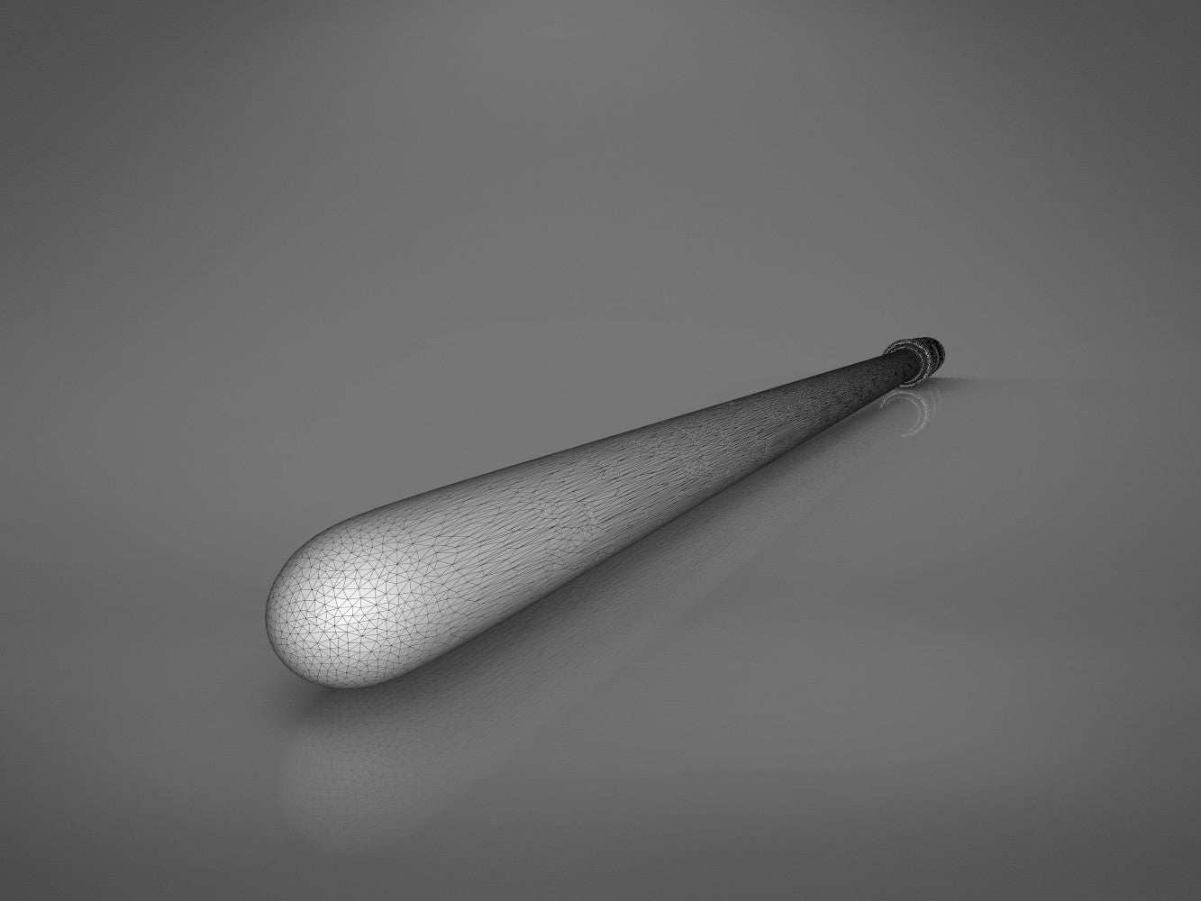 Perspective grey wireframe render looking from the rounded tip of the wand shaft towards the handle base.