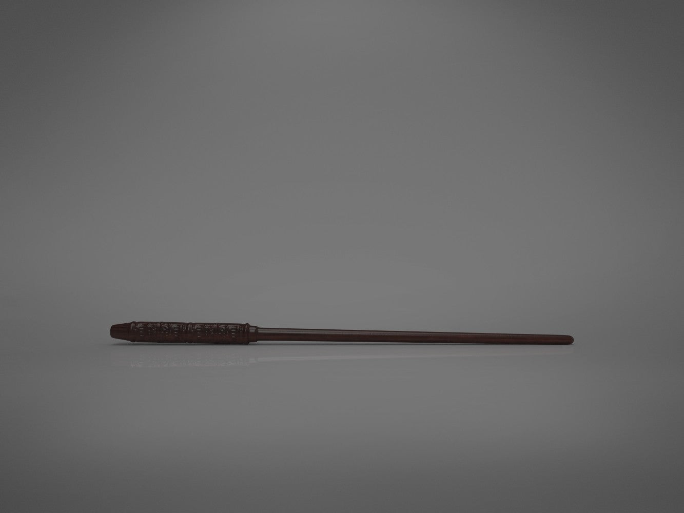 Horizontal painted 3D render of Severus Snapes wand replica lying on a reflective grey surface, handle on the left.