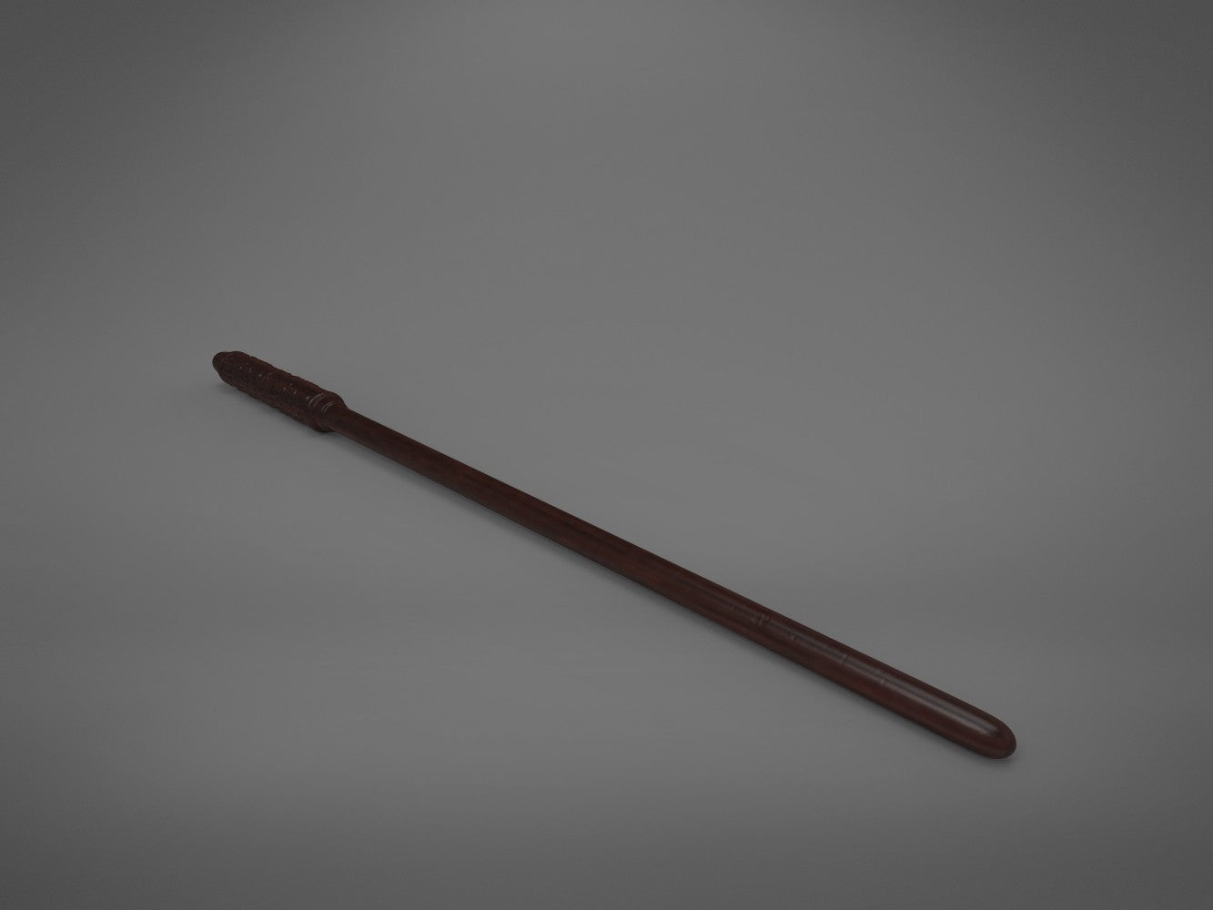 Full length diagonal painted 3D render of Severus Snapes wand replica, handle on the left and tip on the right.