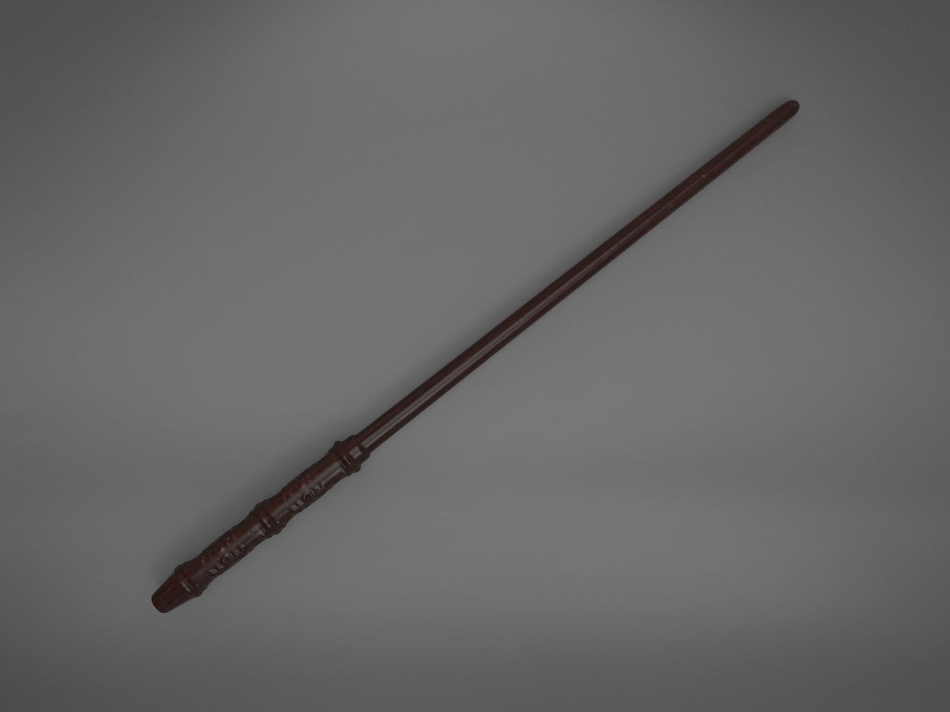 Top-down diagonal painted 3D render of the entire Severus Snape wand model lying on a plain grey surface.