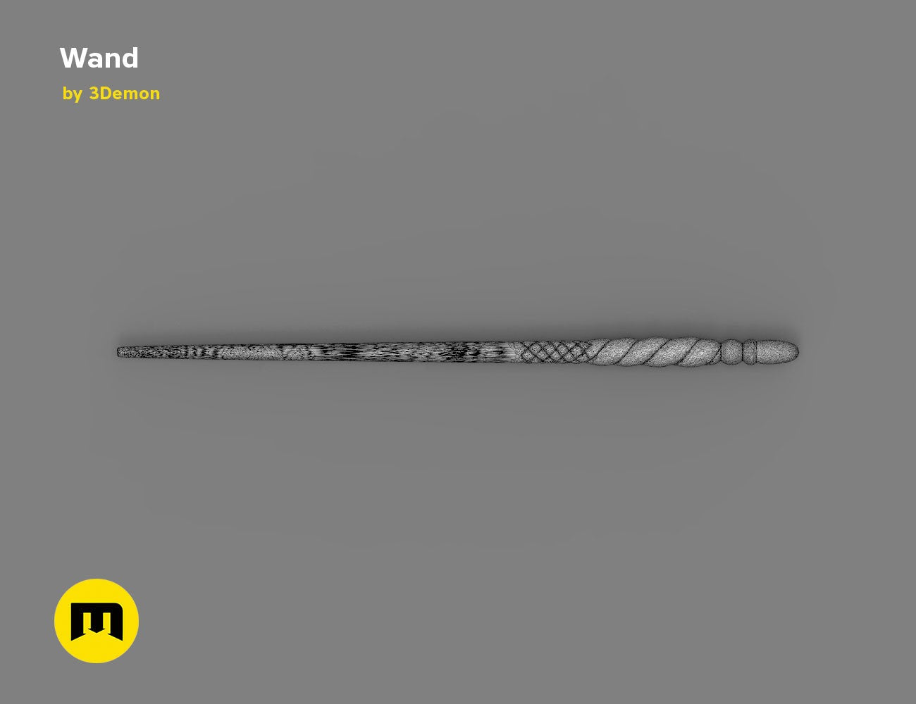 Straight horizontal wireframe mesh render of Ginny Weasley wand with handle on the right side on grey background.