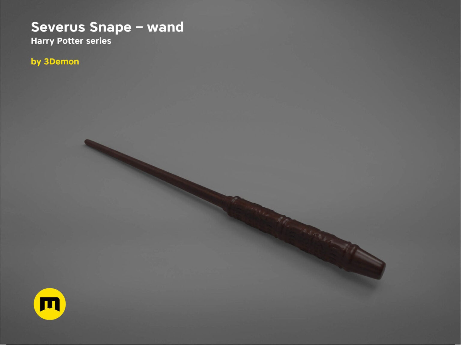 Title card painted 3D render of Severus Snapes wand replica by 3Demon on a dark grey gradient background.