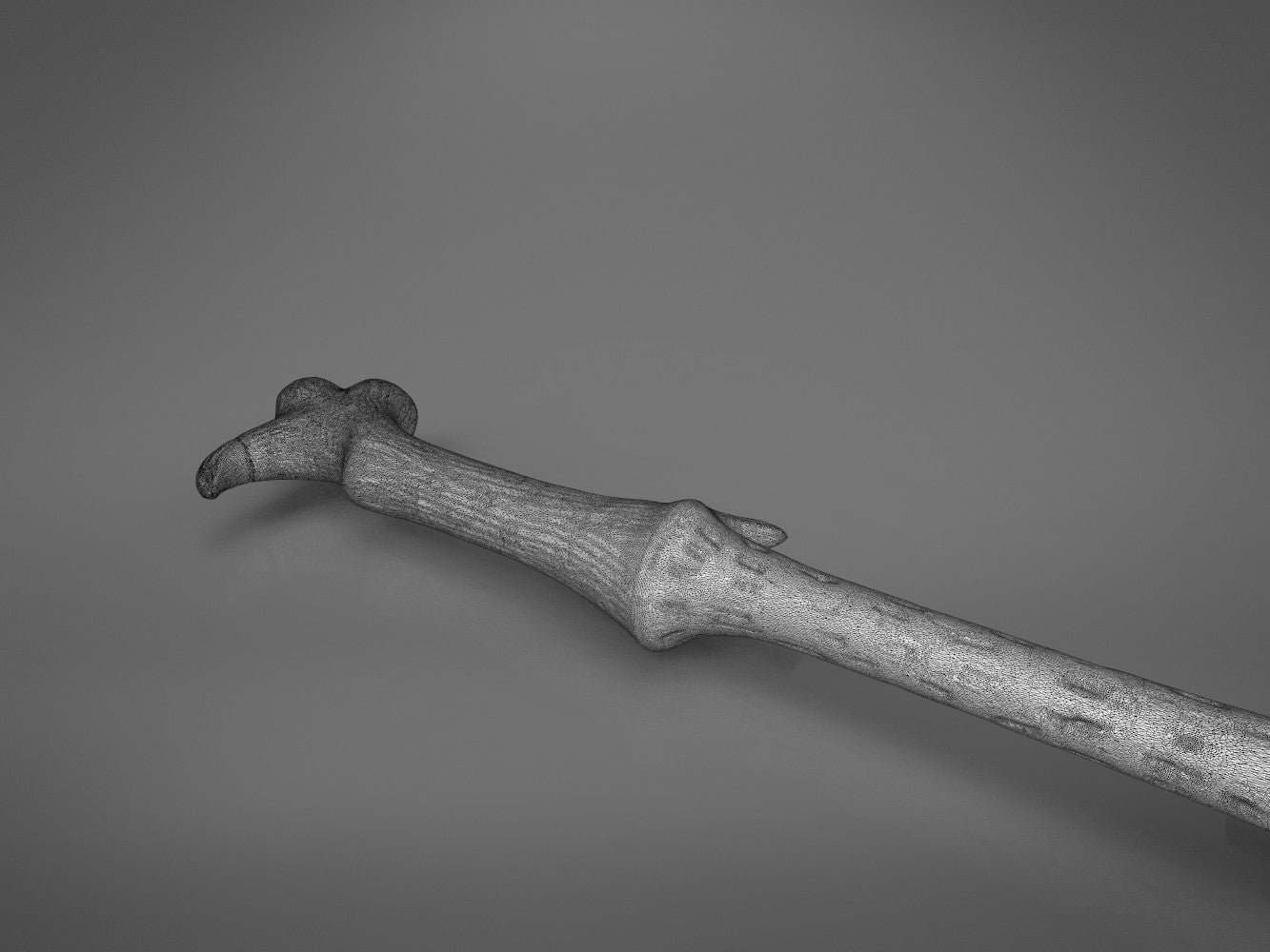 Second detail render of crooked handle curvature and root-like texture on Voldemort's wand model