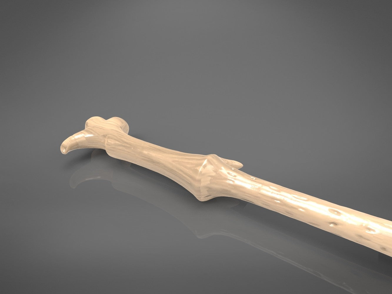 Angled close-up render of the crooked dark handle section of Lord Voldemort's 3D printable wand