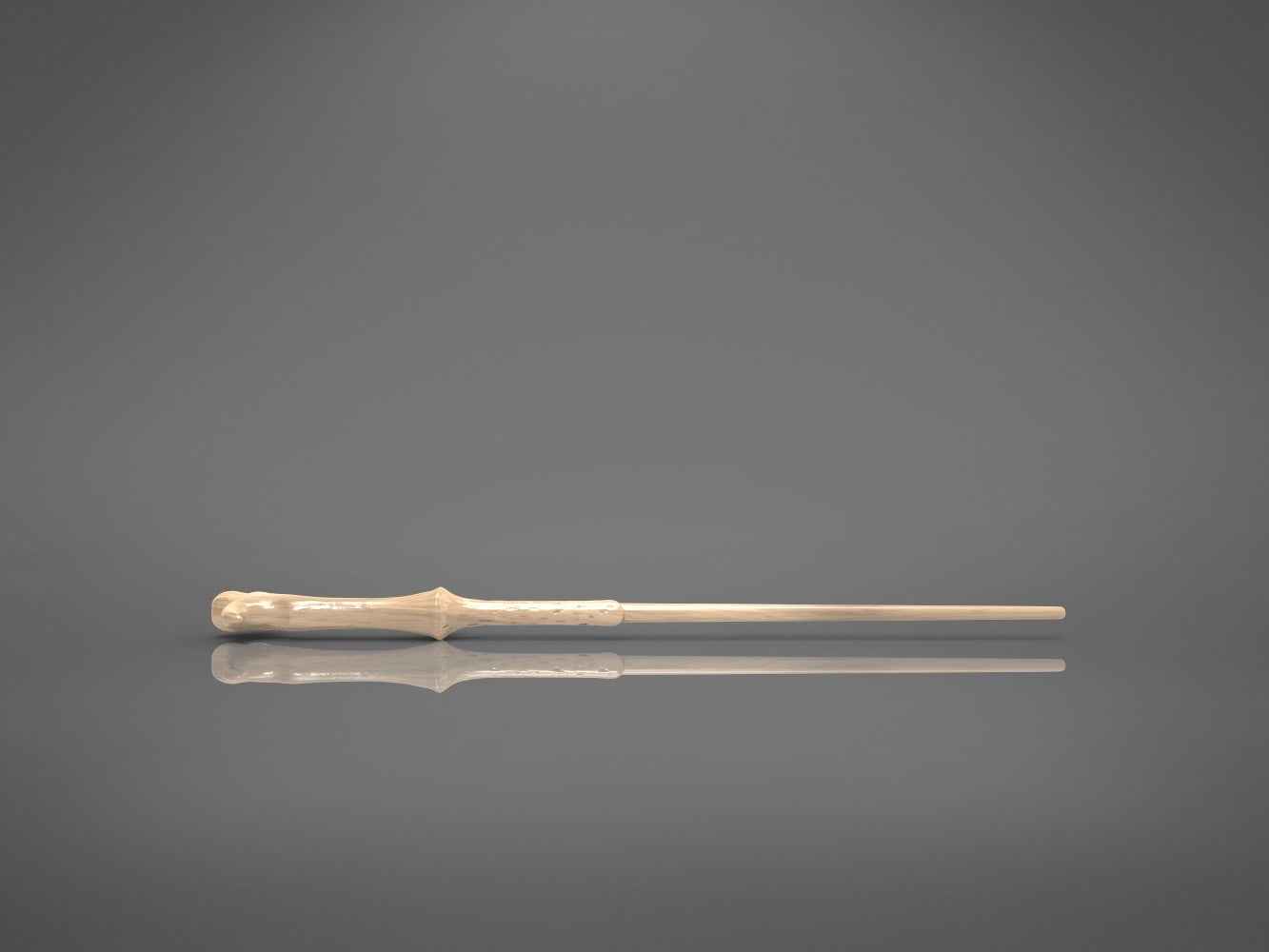 Front perspective render of full grey 3D model of Lord Voldemort's wand showing crooked handle and long shaft