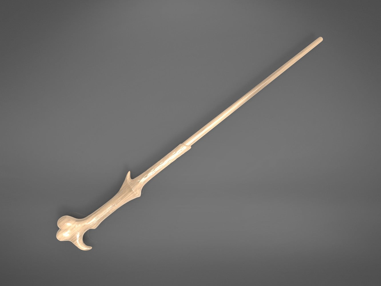 Top-down overhead render of Lord Voldemort's 3D print wand showing full length and pointed tip