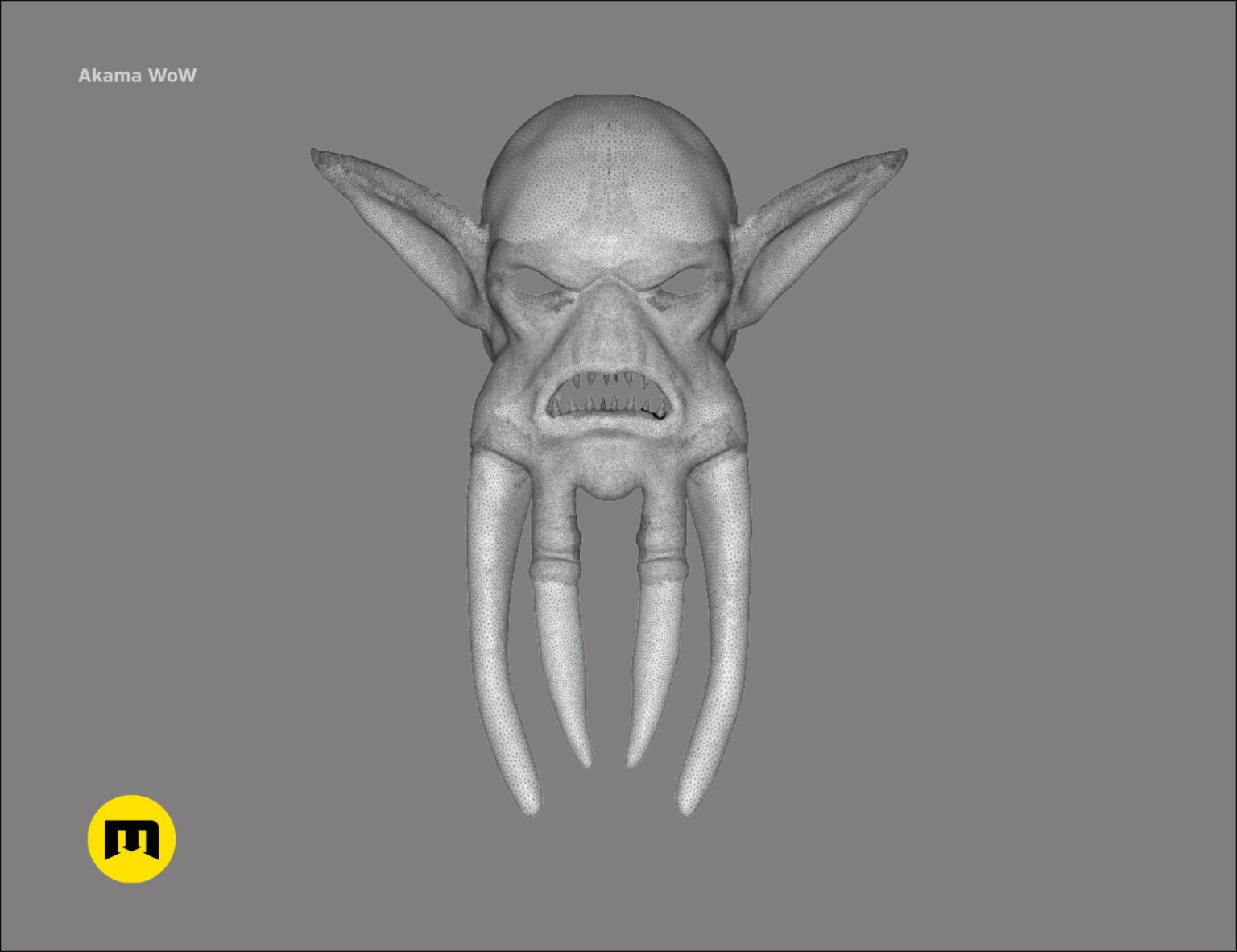Wireframe mesh render of Akama mask - World of Warcraft, front view mesh topology, 3D print cosplay prop