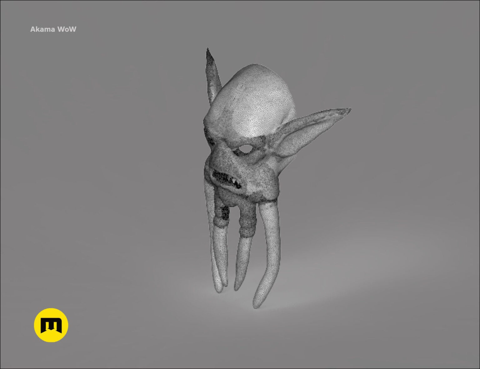 Wireframe mesh render of Akama mask - World of Warcraft STL, rear mesh with pointed horns, 3D print cosplay prop