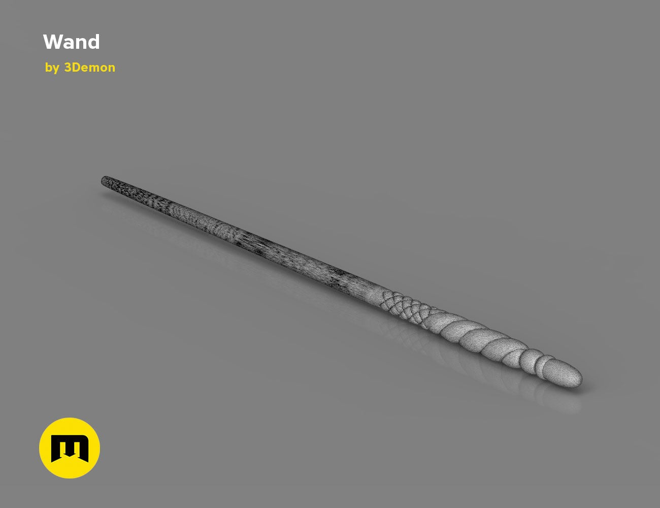 Wireframe mesh render of Ginny Weasley wand angled from bottom-right handle to top-left tip on grey background.
