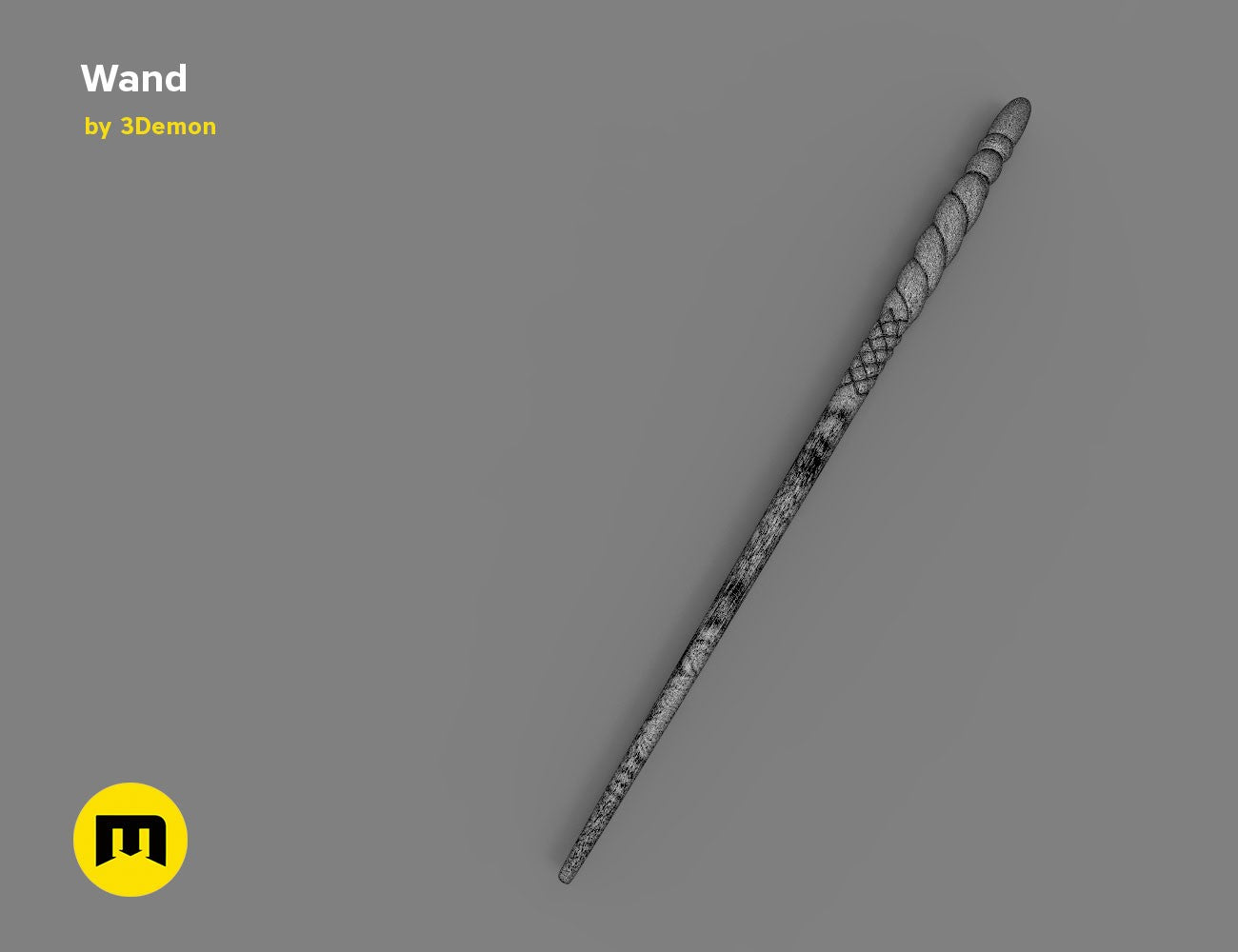 Wireframe mesh render of Ginny Weasley wand angled from top-right handle to bottom-left tip with 3Demon logo.