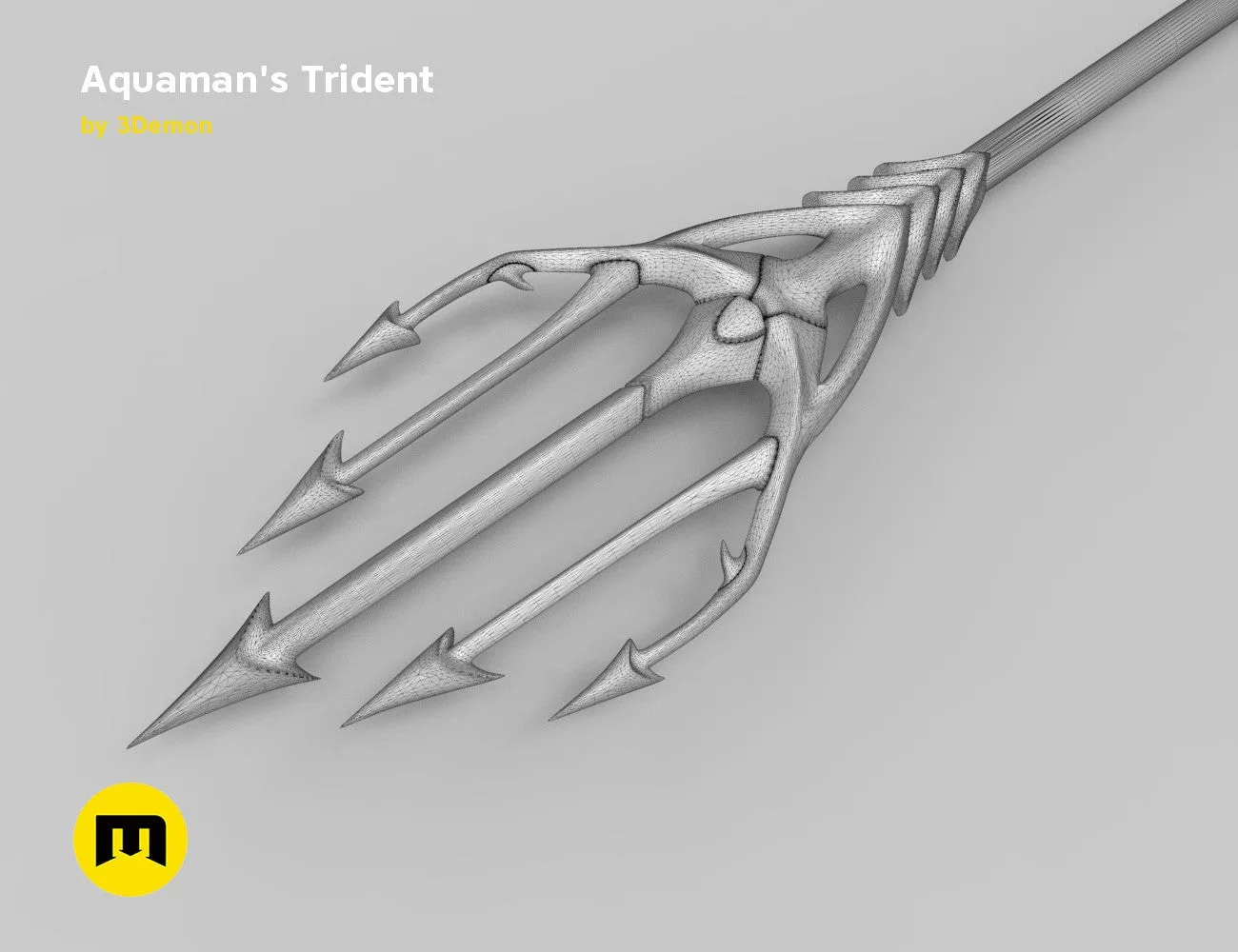 3D print preview of Aquaman Trident STL, detailed three-pronged weapon cosplay prop, textured render