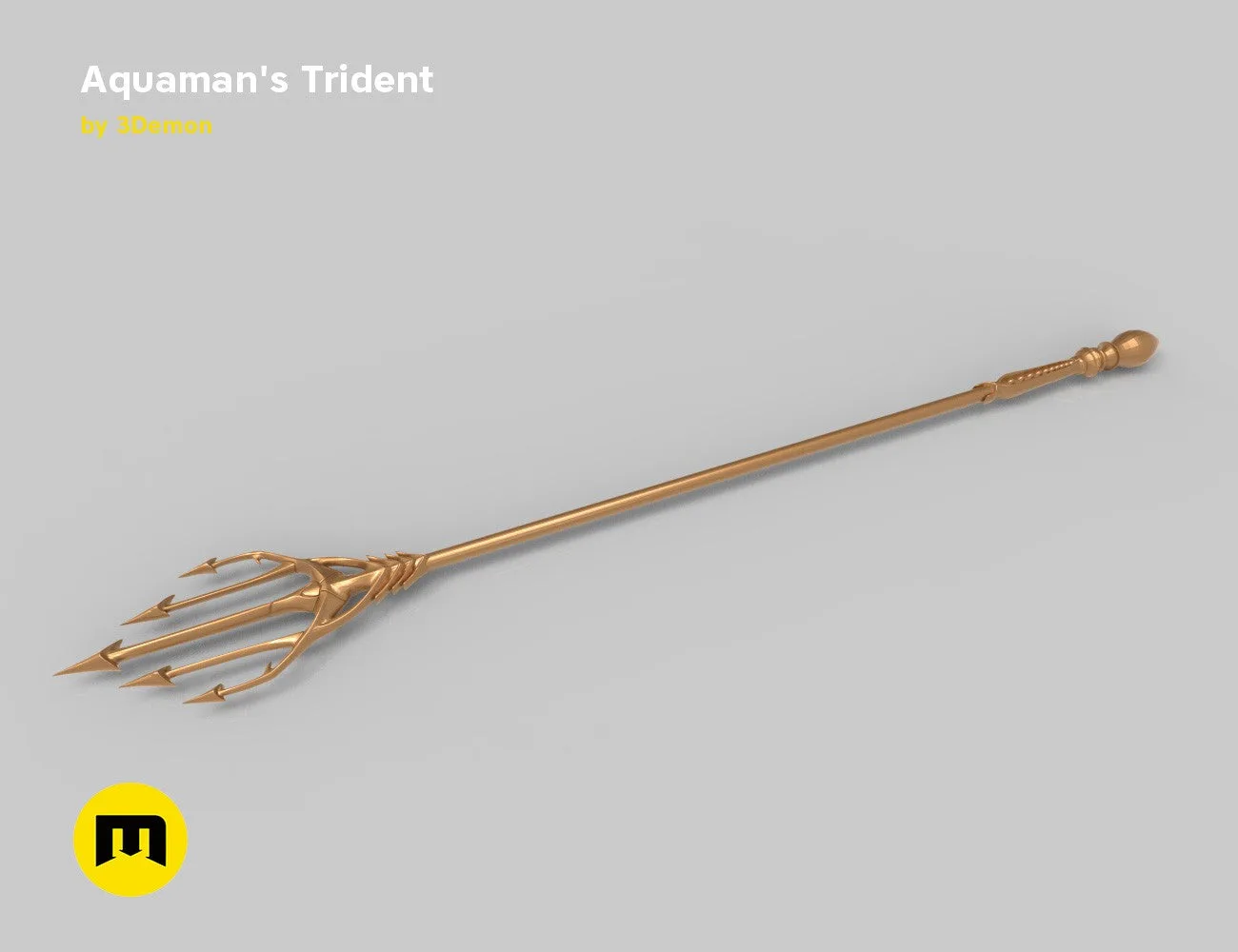 3D visualization of Aquaman Trident STL, golden textured 3D print cosplay prop, side view