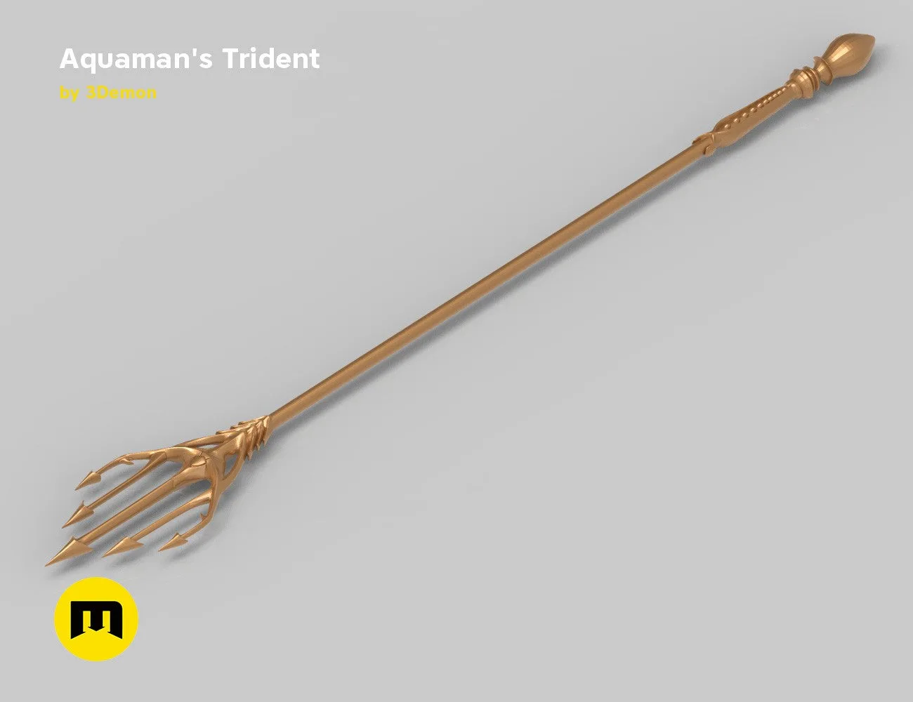3D visualization of Aquaman Trident STL, golden textured 3D print cosplay prop, side view