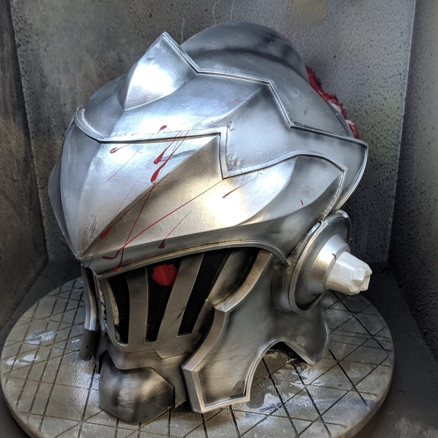 3D visualization of Goblin Slayer helmet STL, metallic 3D printed cosplay prop, front view