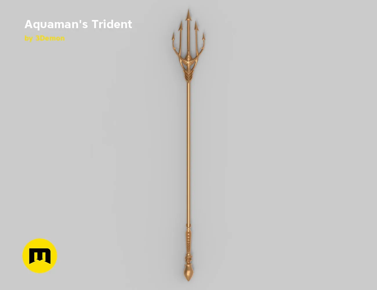 CGI render of Aquaman Trident STL, golden 3D printed cosplay weapon, detailed prongs