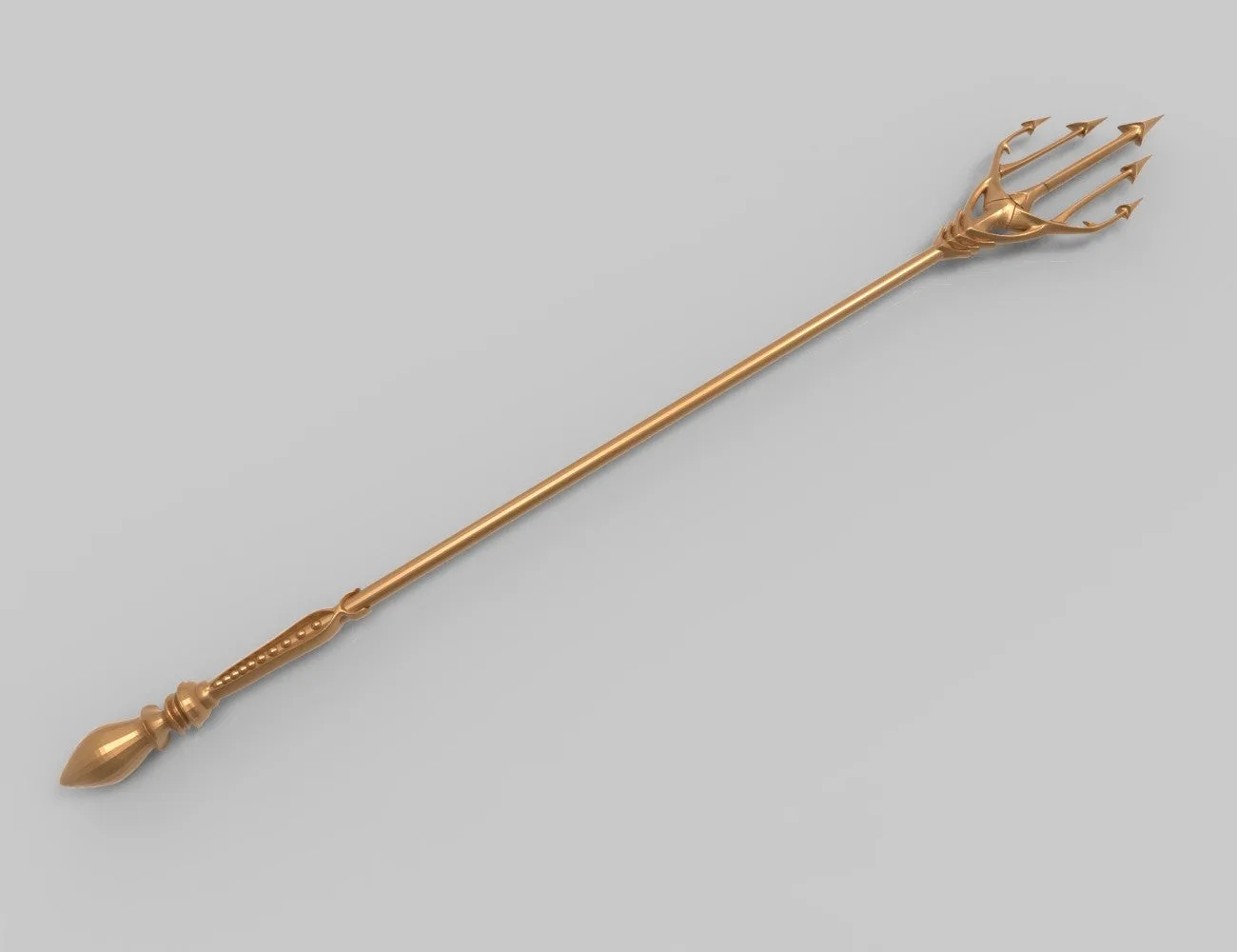 Digital 3D render of Aquaman Trident STL, golden 3D print cosplay prop, side view