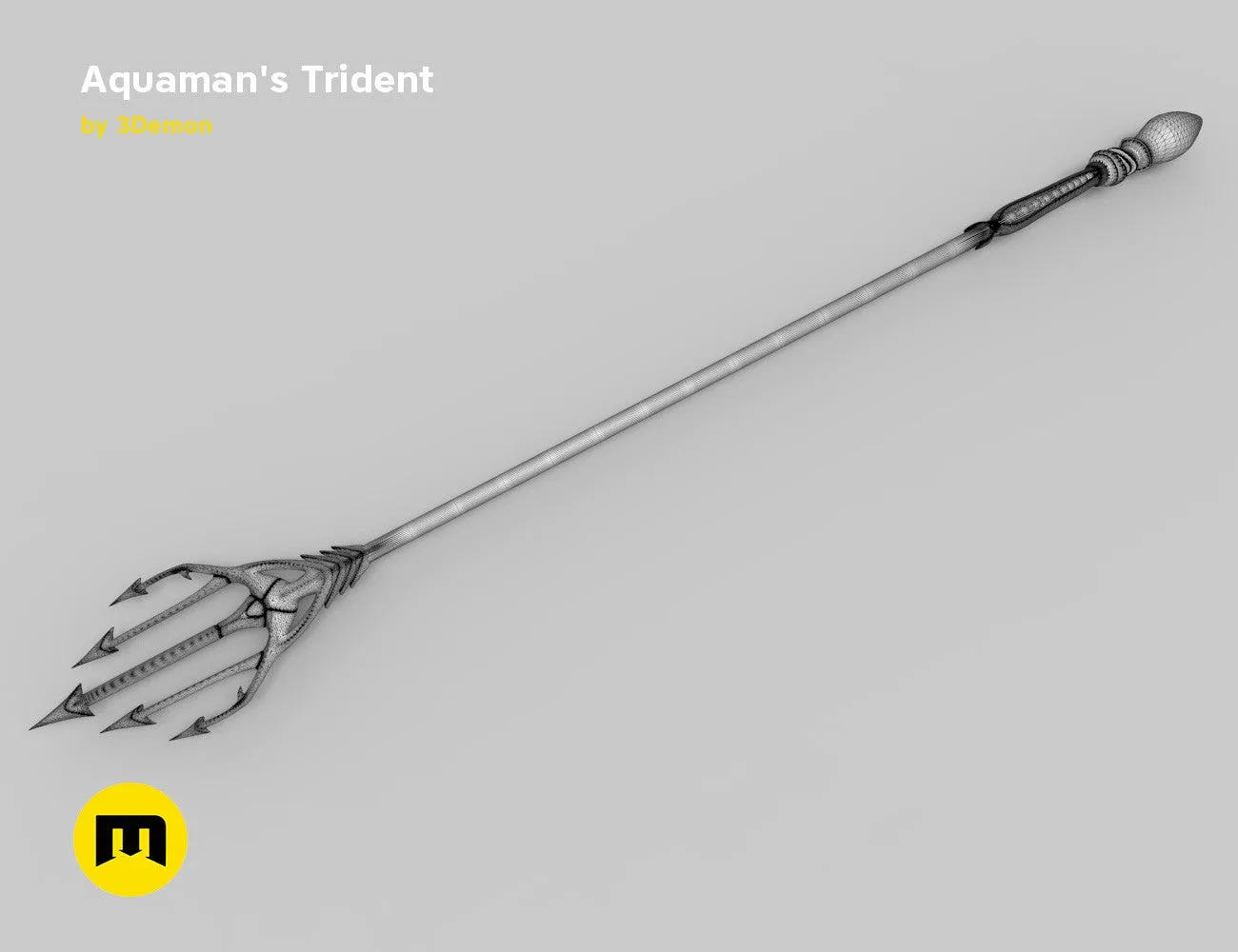 Digital 3D render of Aquaman Trident STL, sleek metal cosplay prop, side view