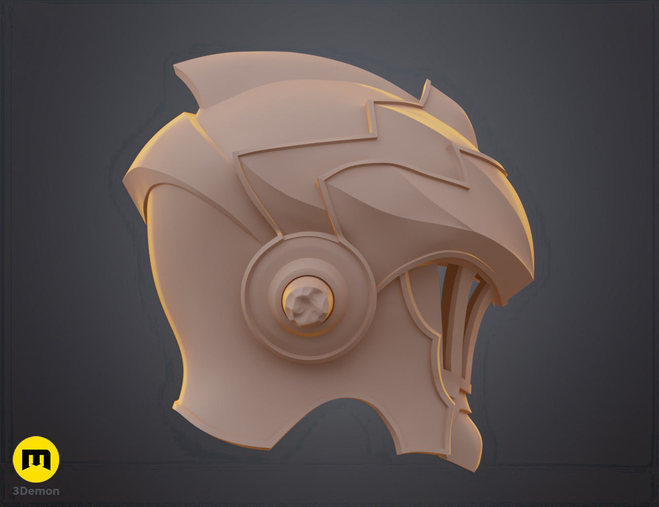 3D print preview of Goblin Slayer helmet, detailed side view 3D render cosplay prop
