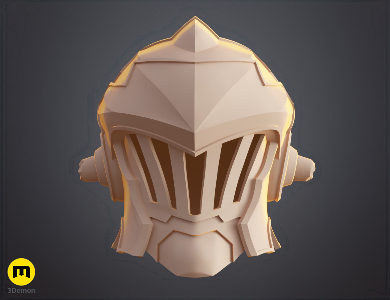 CAD render of Goblin Slayer helmet STL, front view with golden visor, 3D print cosplay prop