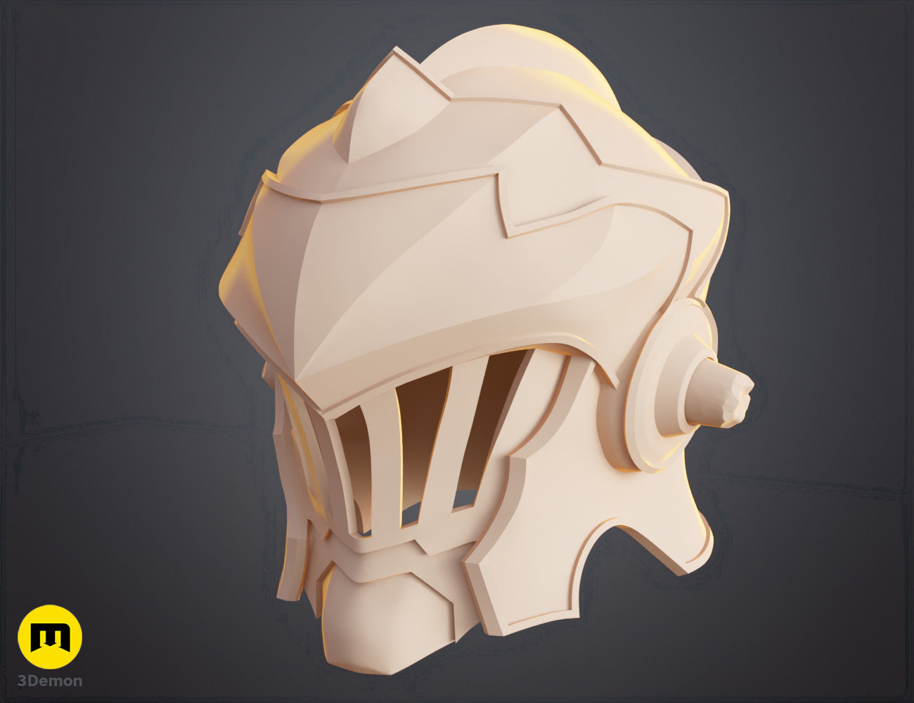 3D model of Goblin Slayer helmet STL, side view 3D print cosplay armor with ridged top.