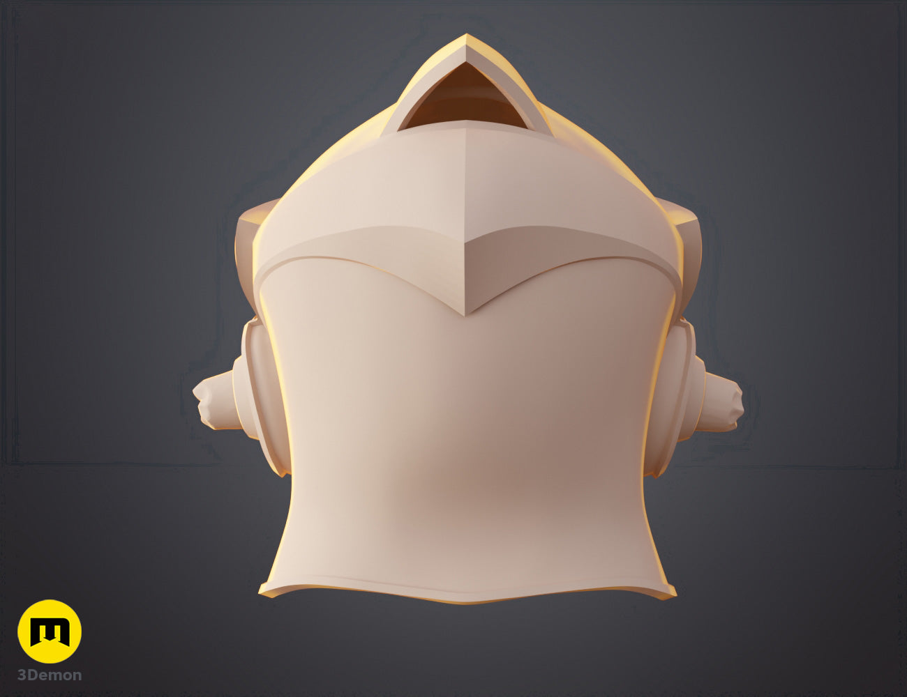 Digital 3D render of Goblin Slayer helmet, rear view with curved horns, 3D print cosplay prop.