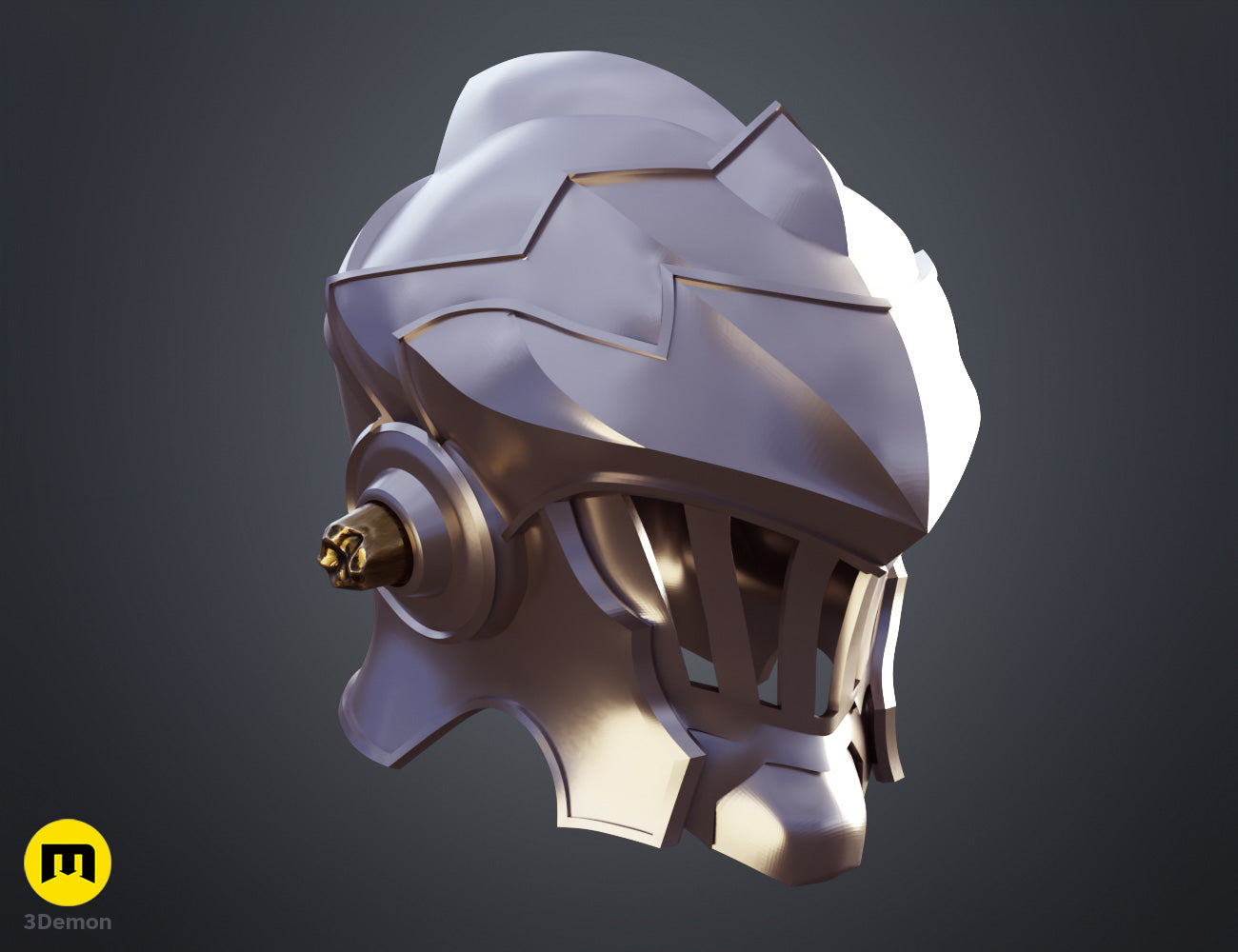 Rendered 3D model of Goblin Slayer helmet, metallic side-view 3D print cosplay prop