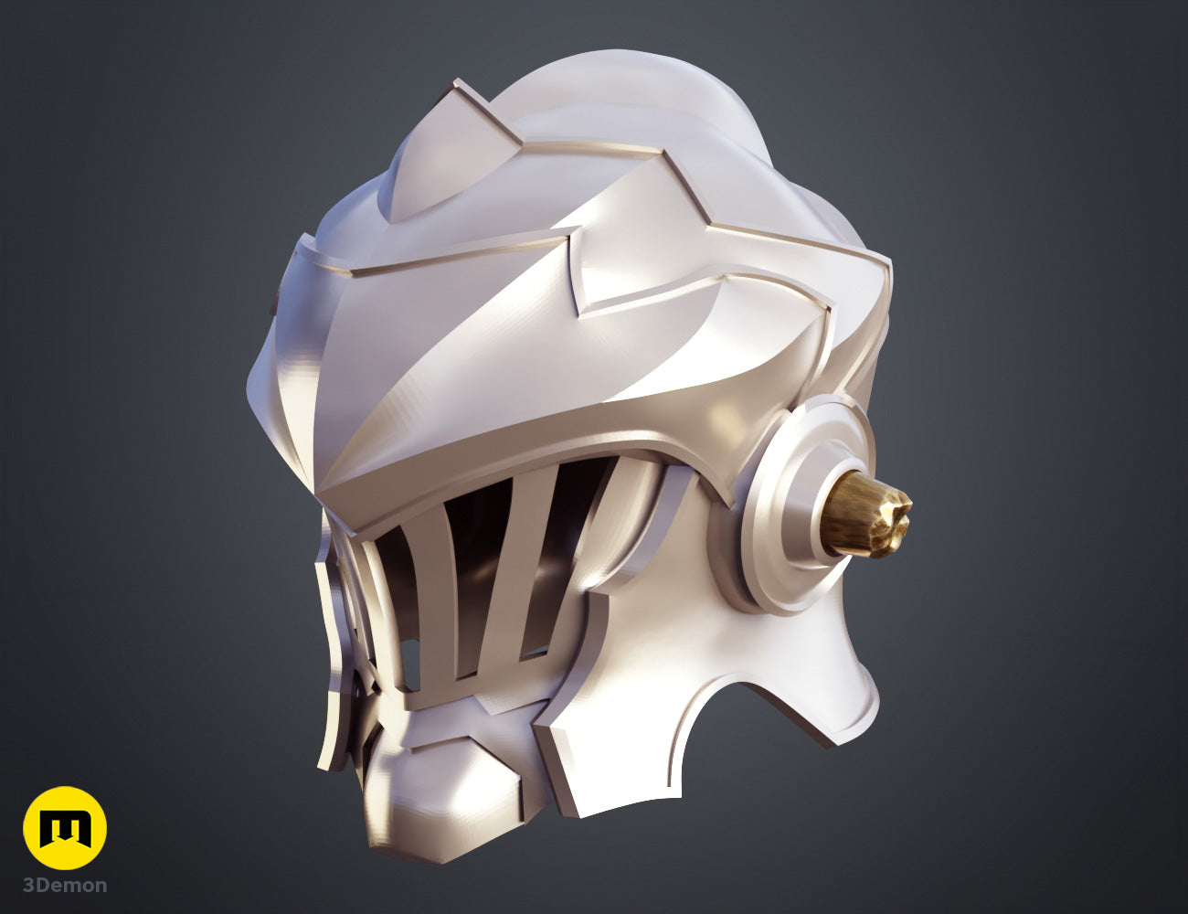 Goblin Slayer helmet STL, metallic 3D render cosplay prop, side view