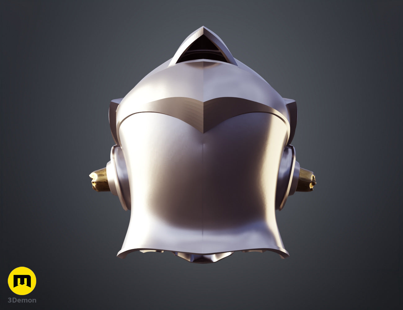 Goblin Slayer helmet STL, metallic rear view with horn details, 3D print cosplay prop