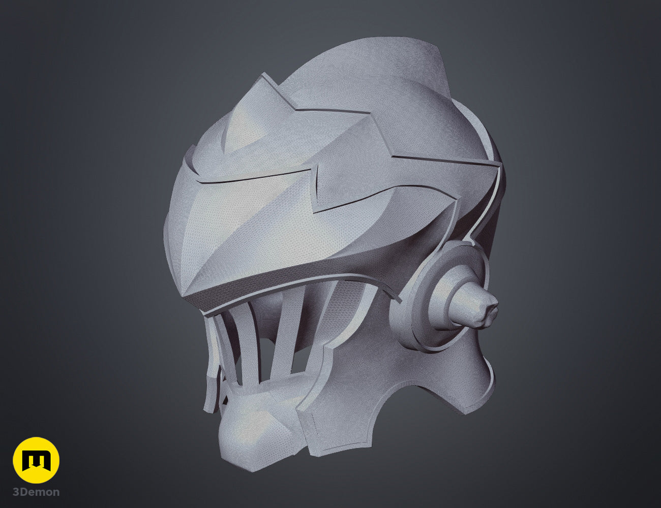 Goblin Slayer helmet STL, grey wireframe mesh render with segmented top, 3D print cosplay prop