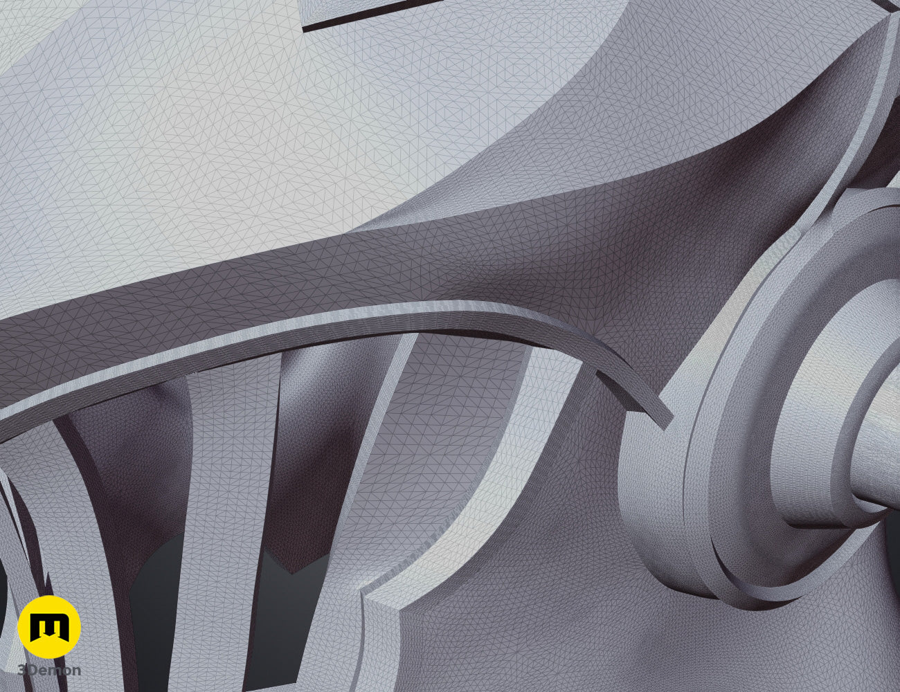 Wireframe mesh render of Goblin Slayer helmet STL, intricate side polygon structure, 3D print cosplay prop