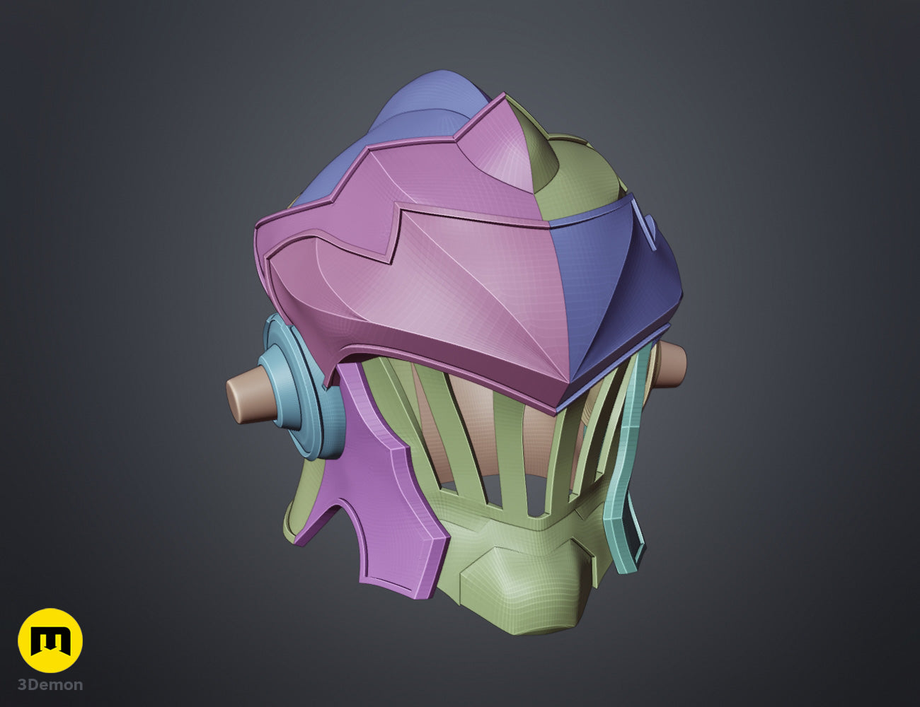 Color-coded parts breakdown of Goblin Slayer helmet, purple headpiece with green/blue assembly, 3D print cosplay prop