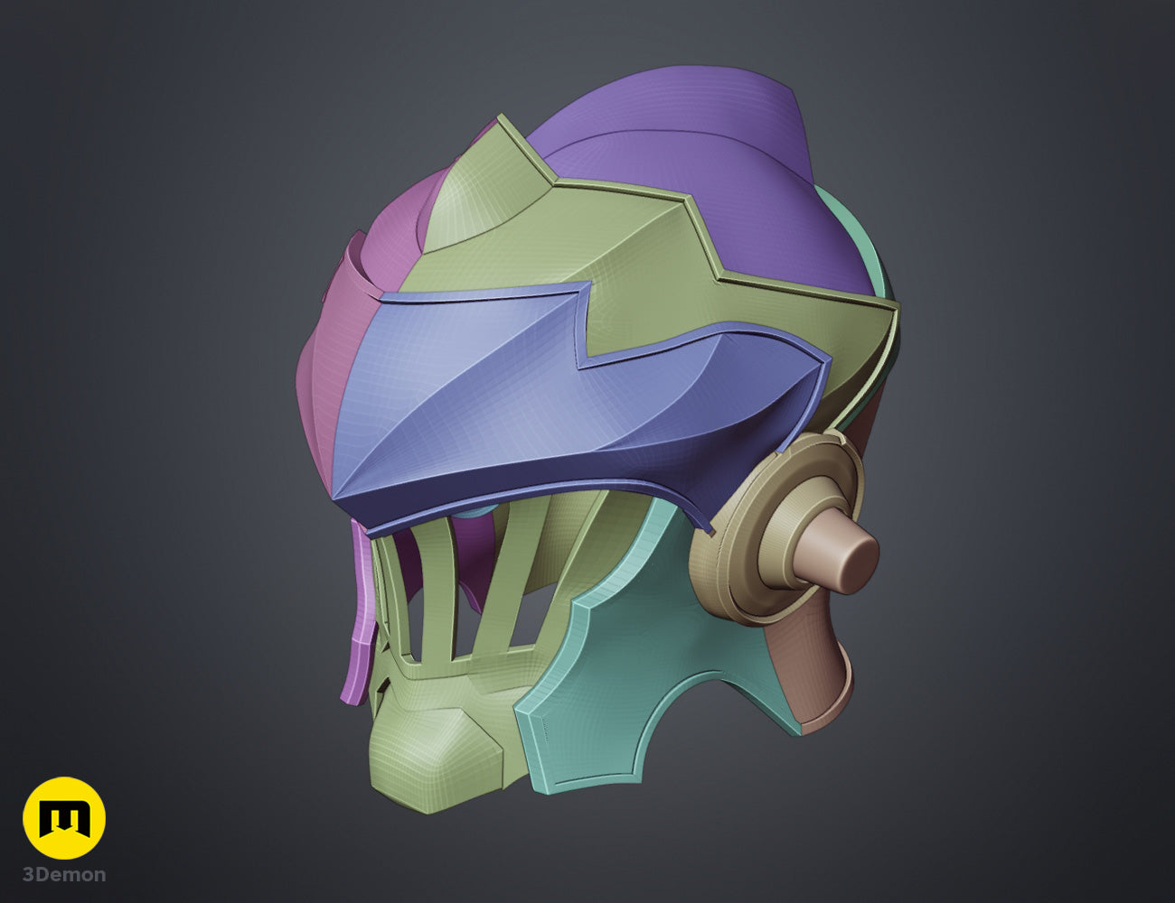 Printable 3D model of Goblin Slayer helmet, purple and teal cosplay prop, side view 3D print