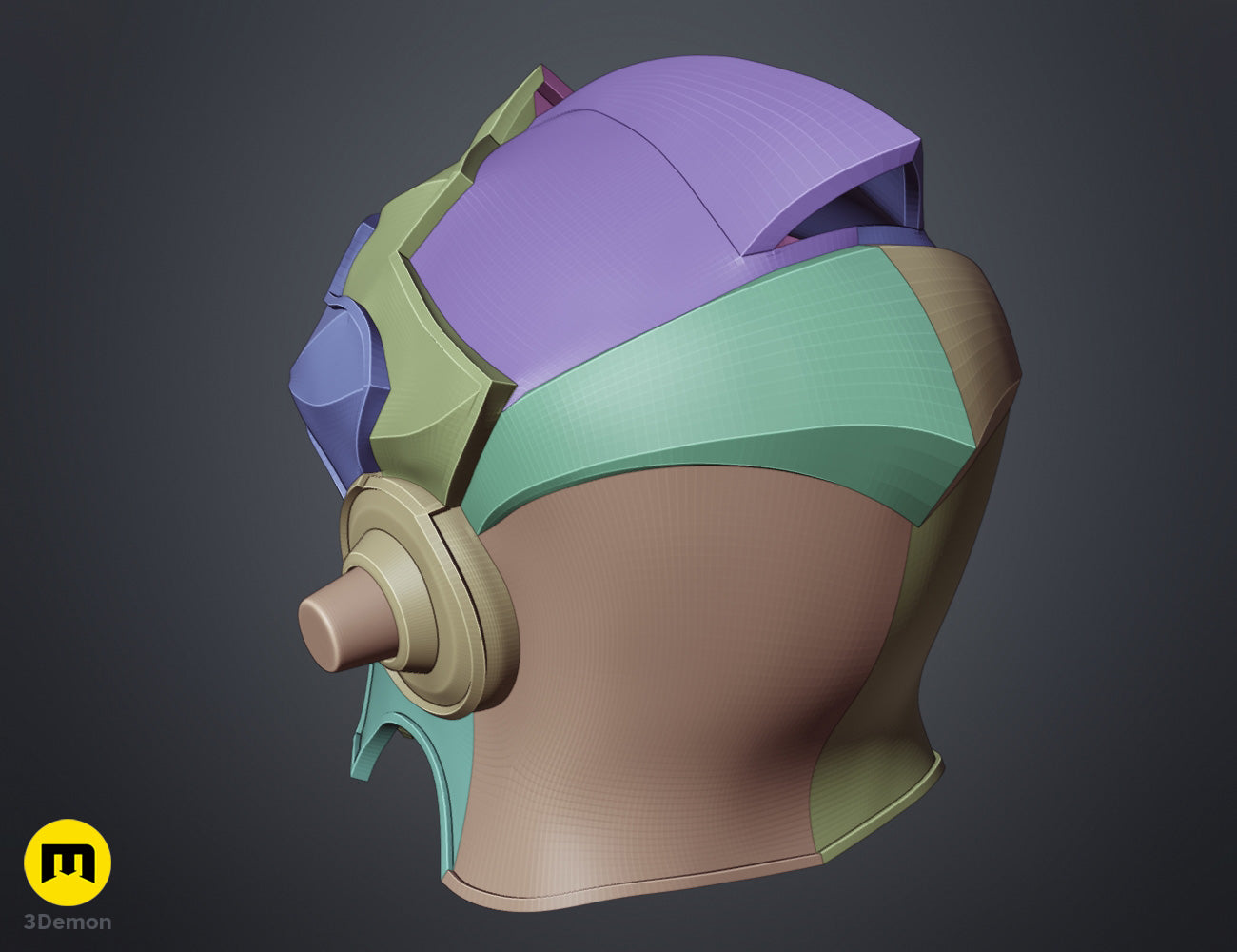 3D visualization of Goblin Slayer helmet STL, exploded view of colored 3D print cosplay armor.