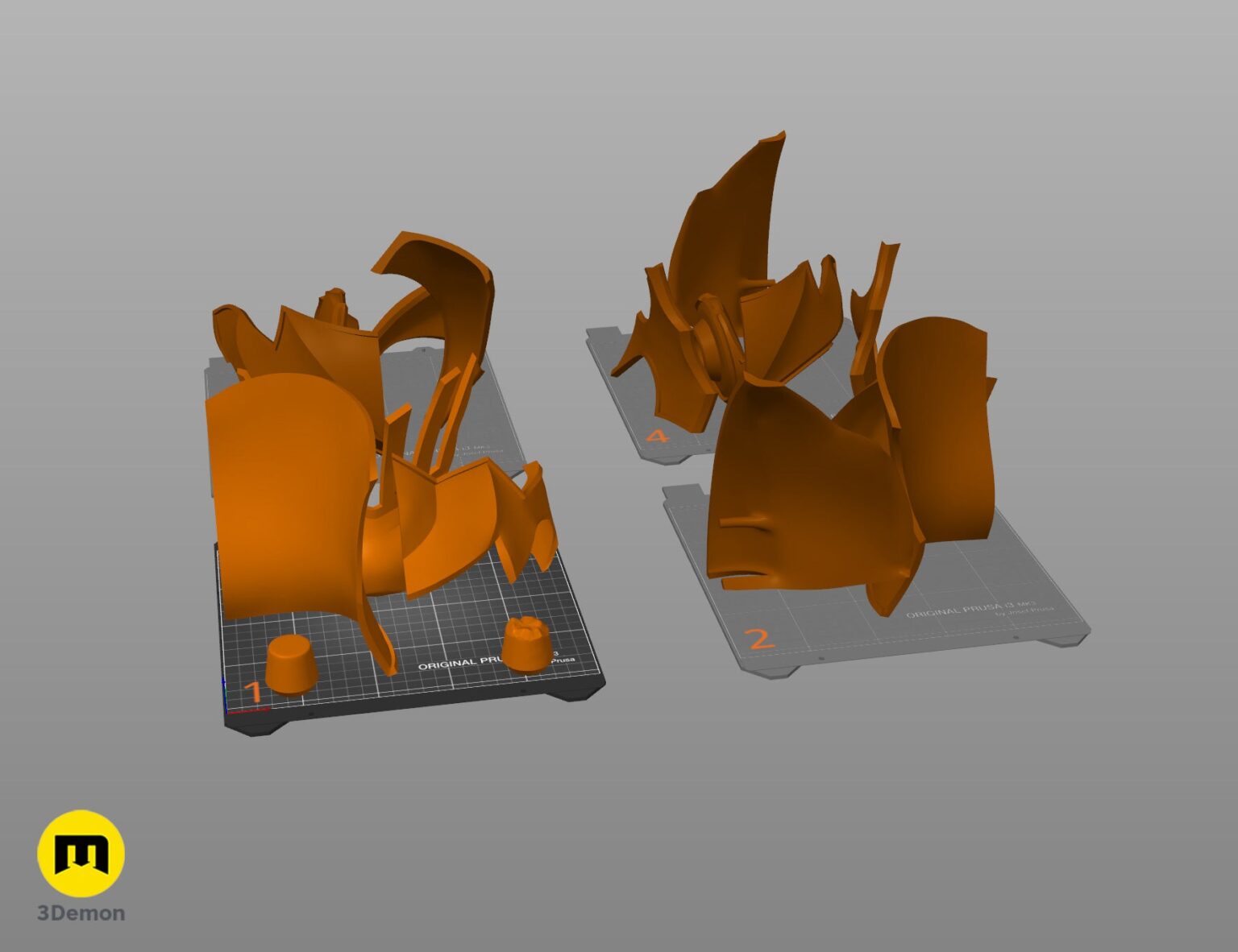 Slicer screenshot of Goblin Slayer helmet STL, orange parts on Prusa print bed, 3D print cosplay prop