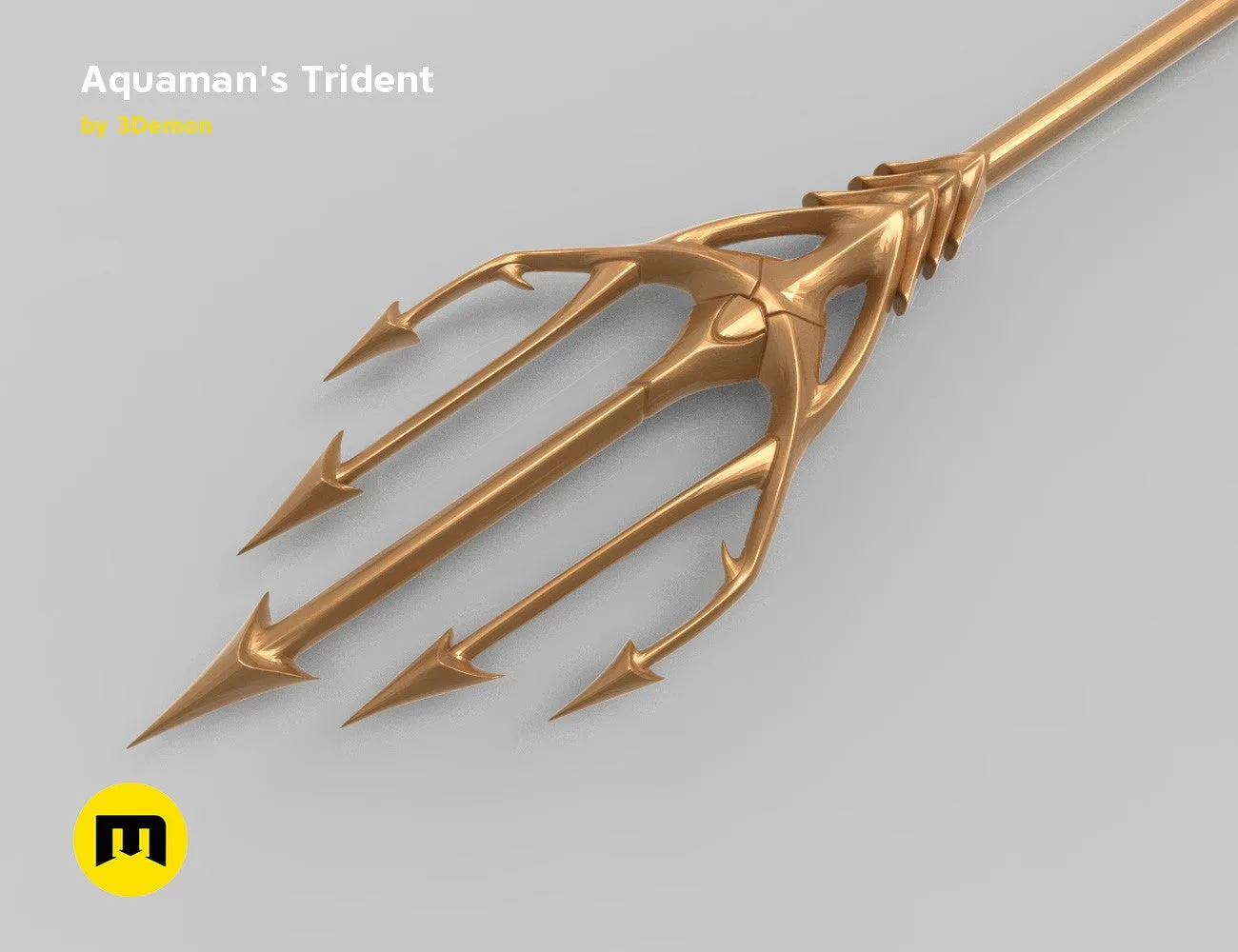 Rendered 3D model of Aquaman Trident STL, golden textured cosplay prop, sharp three-pronged tips.