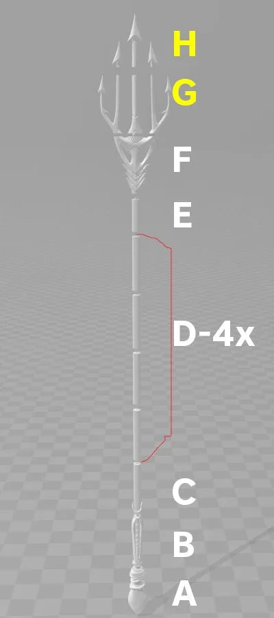 3D model render of Aquaman - Trident STL, exploded view of labeled weapon parts, 3D print cosplay prop.