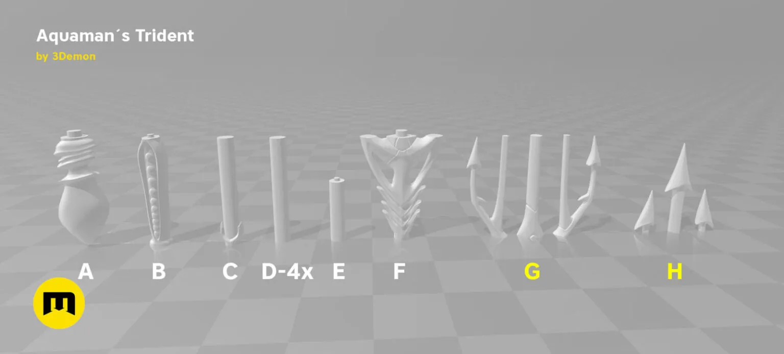 Disassembled parts of Aquaman Trident STL, three-pronged weapon breakdown for 3D print cosplay prop