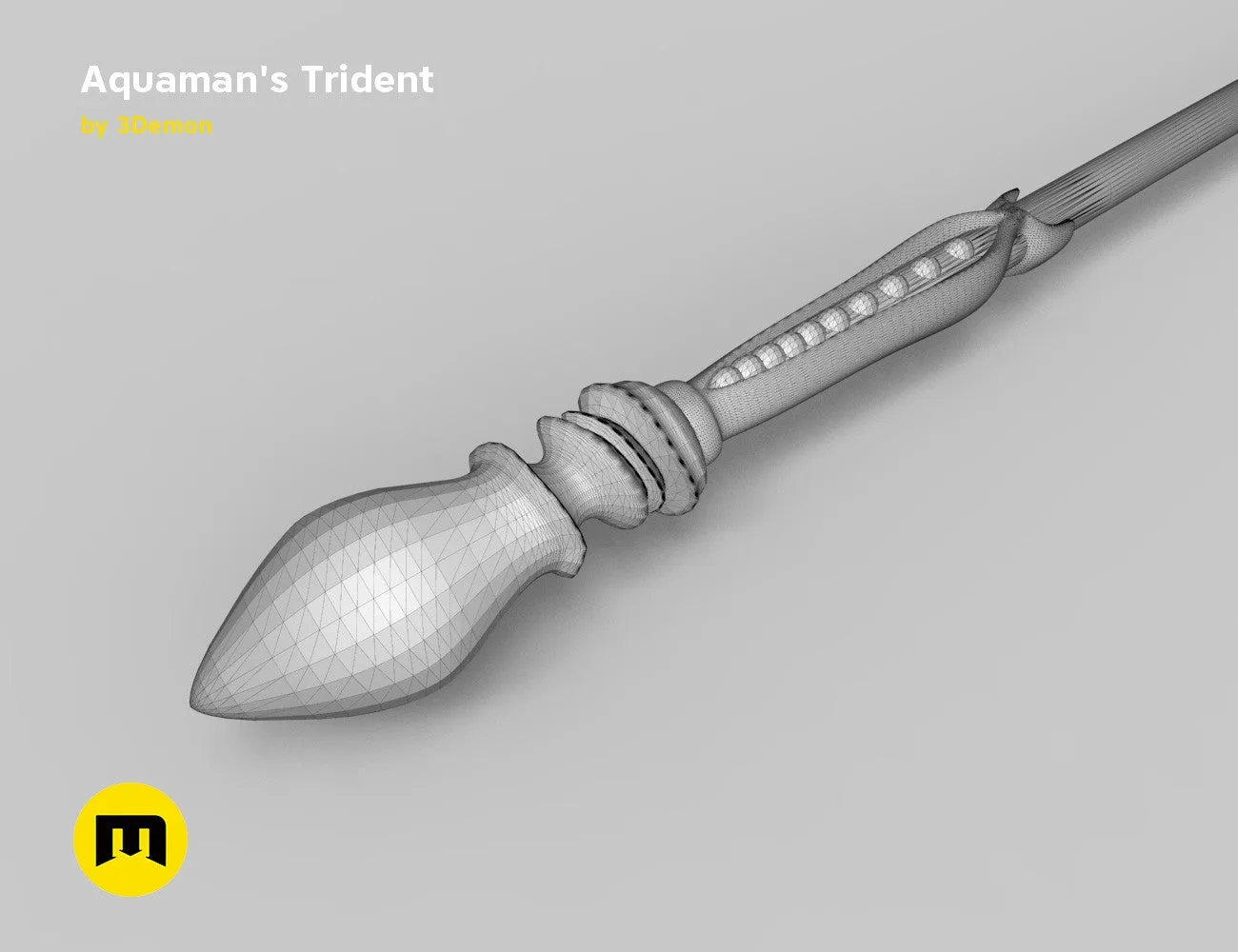 Wireframe mesh render of Aquaman Trident STL, side polygon structure, 3D print cosplay prop