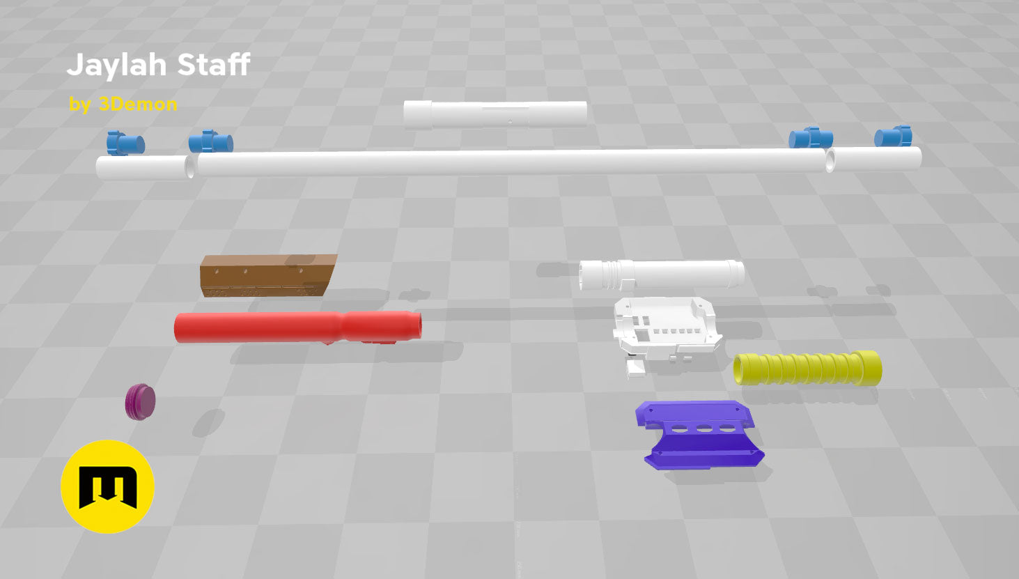 Disassembled parts of Jaylah Extendable Staff - Star Trek, 3D printed cosplay prop, exploded view.