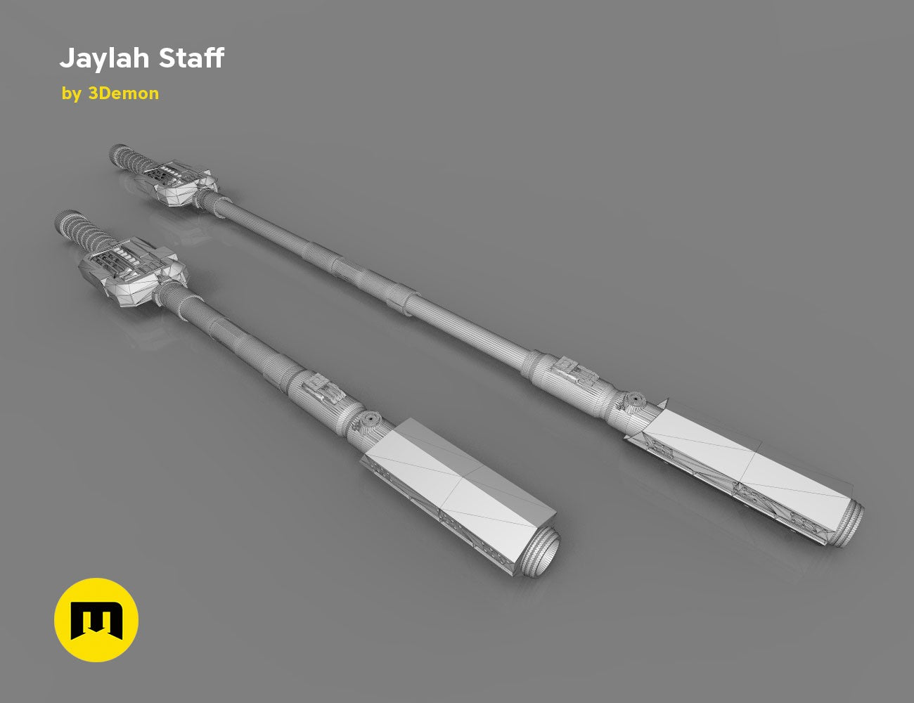Jaylah Extendable Staff - Star Trek STL, dual-section wireframe mesh render, 3D print cosplay prop