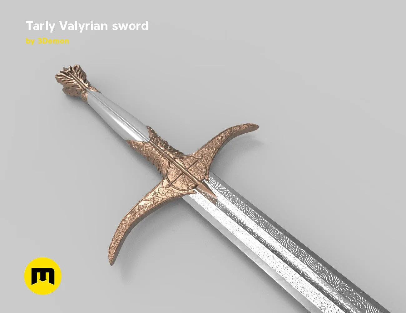 Tarly Valyrian sword Heartbanes, ornate bronze hilt and silver blade, 3D print cosplay prop.