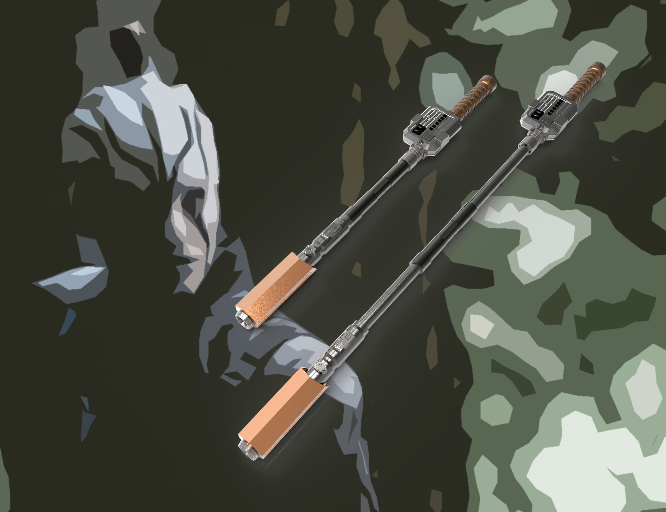 Digital 3D render of Jaylah Extendable Staff - Star Trek, dual-section cosplay prop with metallic finish.