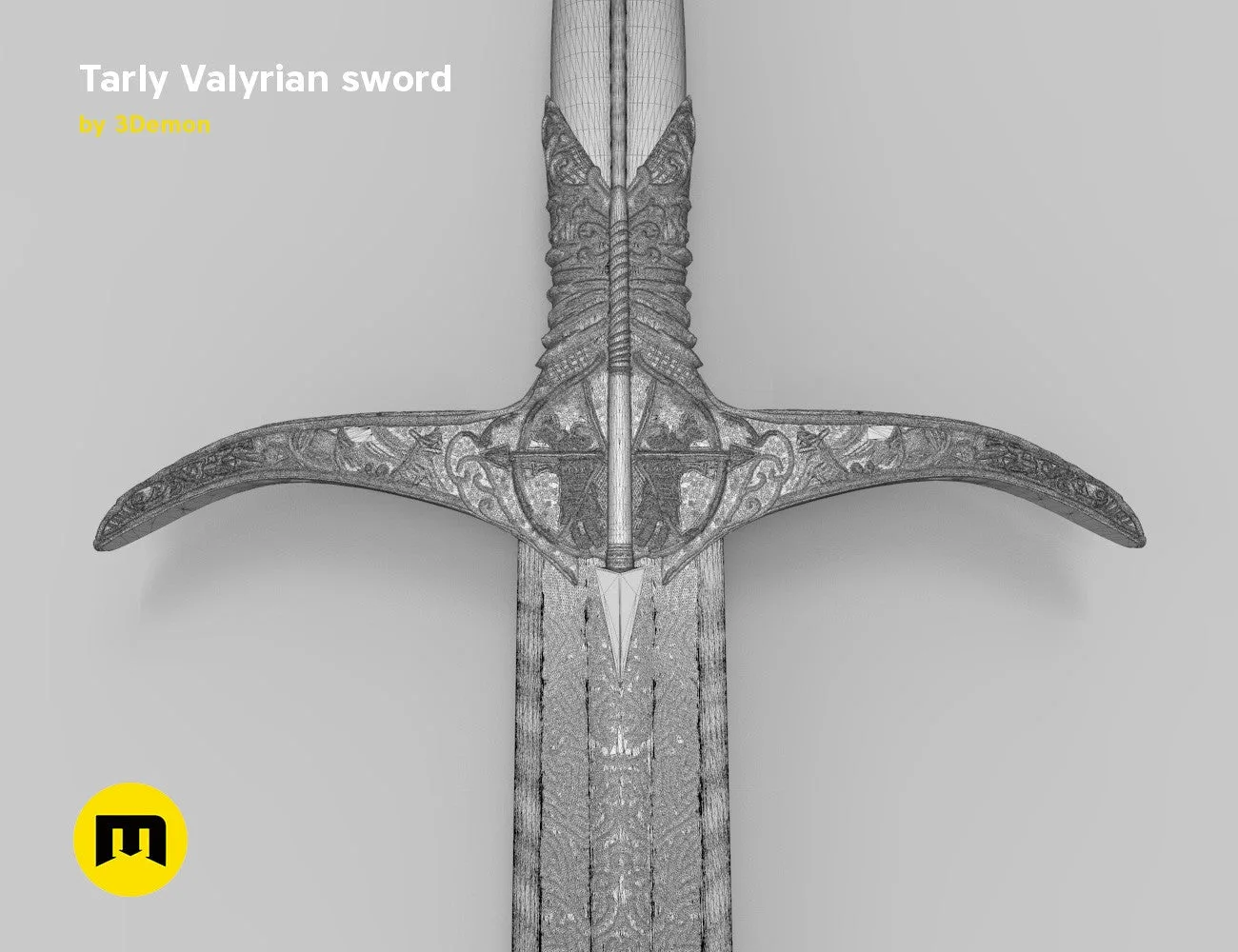 3D model of Tarly Valyrian sword Heartbanes, ornate crossguard and detailed hilt, 3D print cosplay weapon